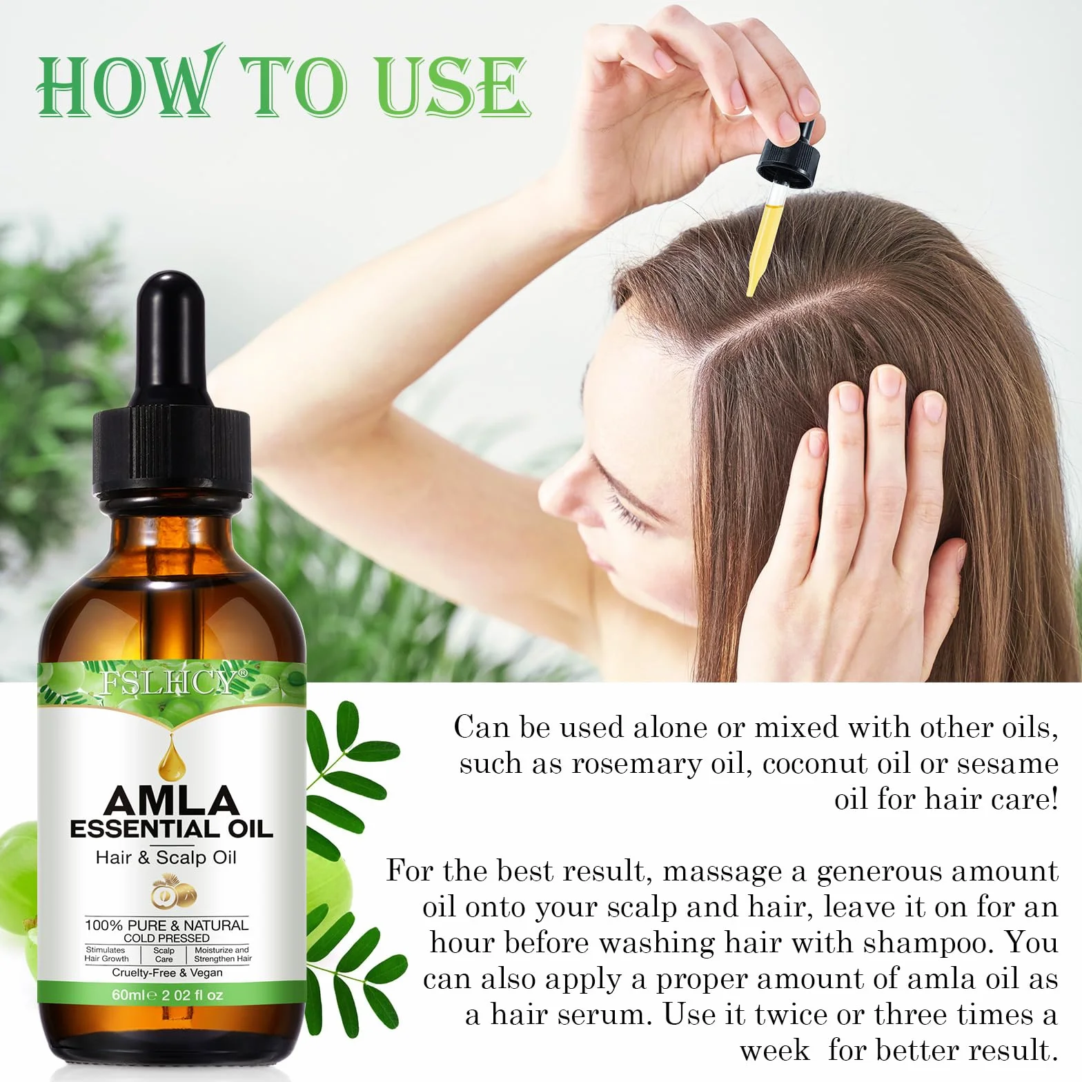 Olejek Amla 60 ml, olejek do włosów dla zdrowego wzrostu włosów, naturalny i wegański, wspomaga grubsze, pełniejsze, lśniące włosy dla mężczyzn i kobiet