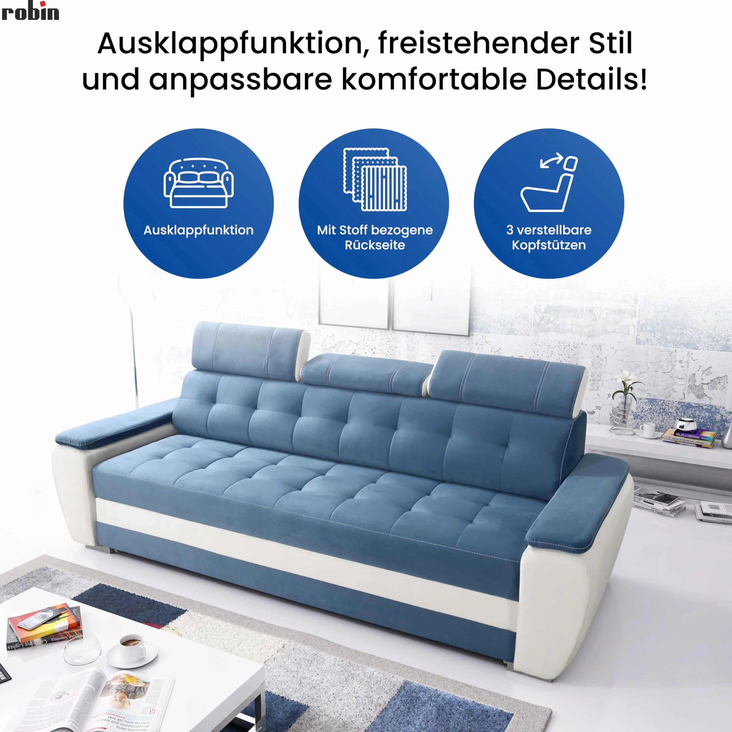 Robin Inspire Diana sofa z funkcją spania 3 regulowane zagłówki
