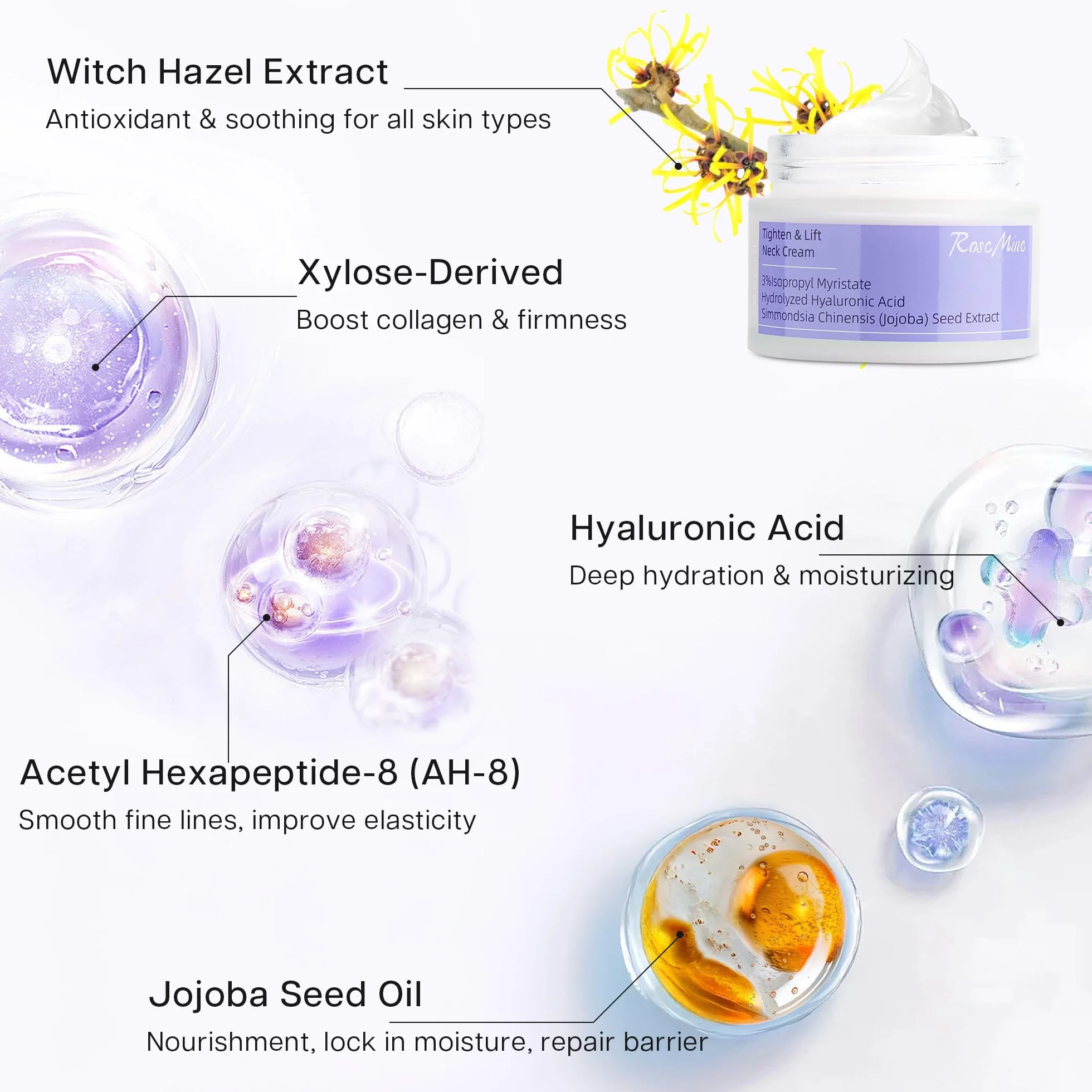 VRAIKO RoscMinc AH-8 Neck Cream, kwas hialuronowy i olejek jojoba, krem ujędrniający na szyję, nawilżający do wygładzania zmarszczek i odżywczy krem nawilżający do twarzy na szyi, klatce piersiowej