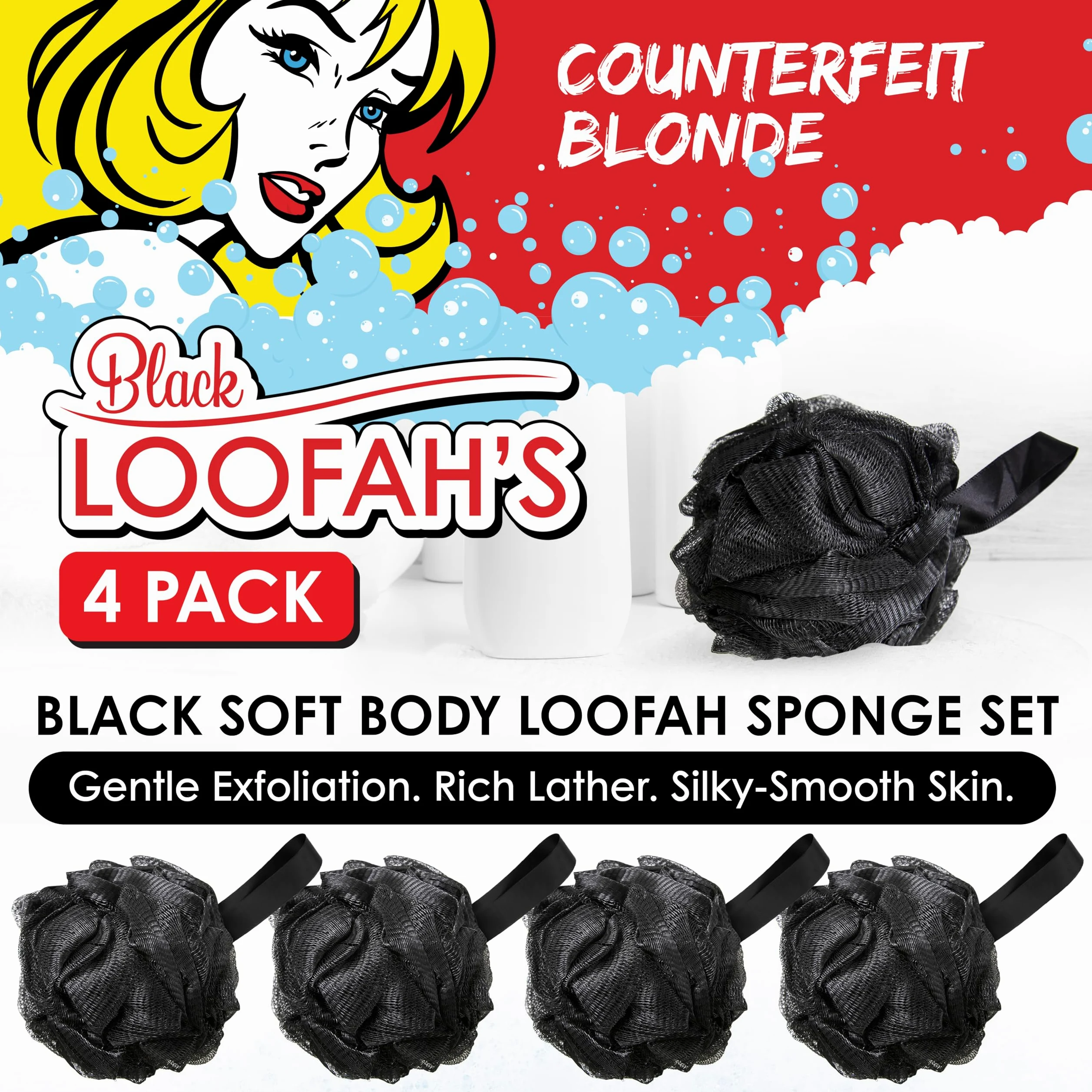 Black Loofah Gąbki pod prysznic I (4-pak) Płuczki do ciała do użytku pod prysznicem I gąbki do kąpieli do szorowania pod prysznic do ciała I Loofah złuszczająca szczotka do ciała akcesoria prysznicowe