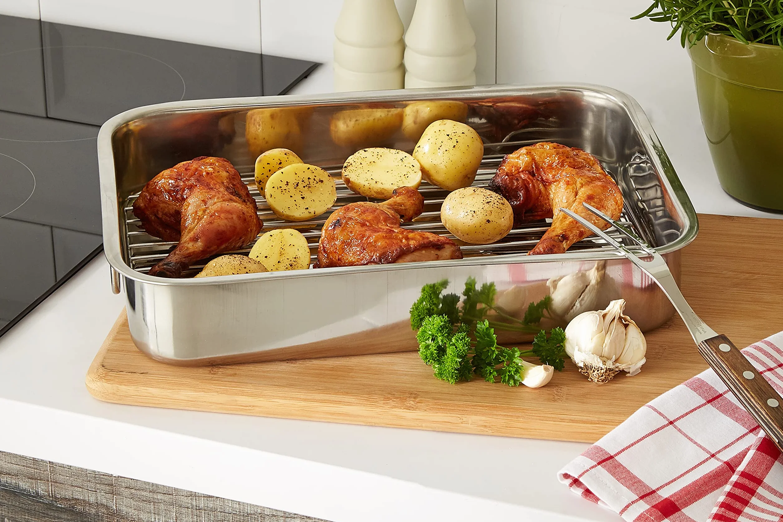 KitchenCraft Duża Brytfanna z Rusztem, Stal Nierdzewna, 43 × 31 cm - Kolor Srebrny