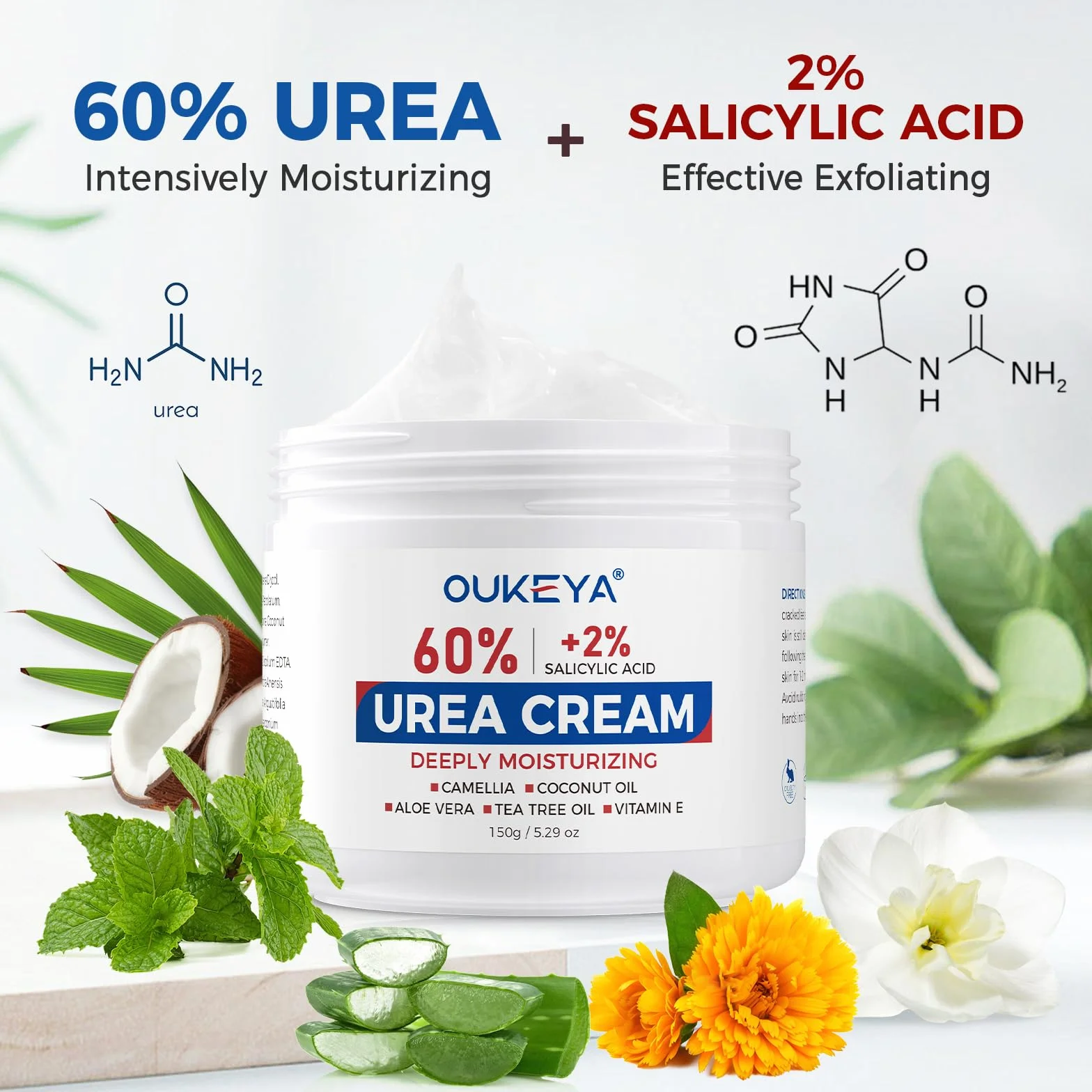 OUKEYA Urea Crème 60% plus Salicylzuur 2% & Vitamine E, Intensieve Nederlandse Crème voor Droge & Gebarsten Huid aan Voeten, Ellebogen en Handen, Verwijdering van Eelt & Dode Huid, Antioxidant Werking