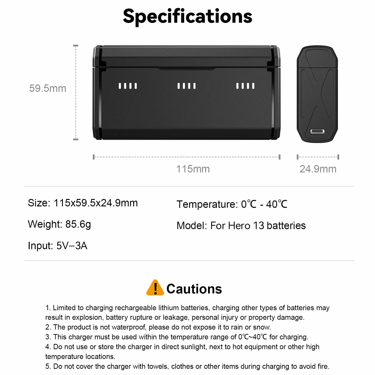 TELESIN Ładowarka do Gopro Hero 13 - etui do szybkiego ładowania, trzygniazdowe etui transportowe, kompatybilne z oryginalną baterią, czarna