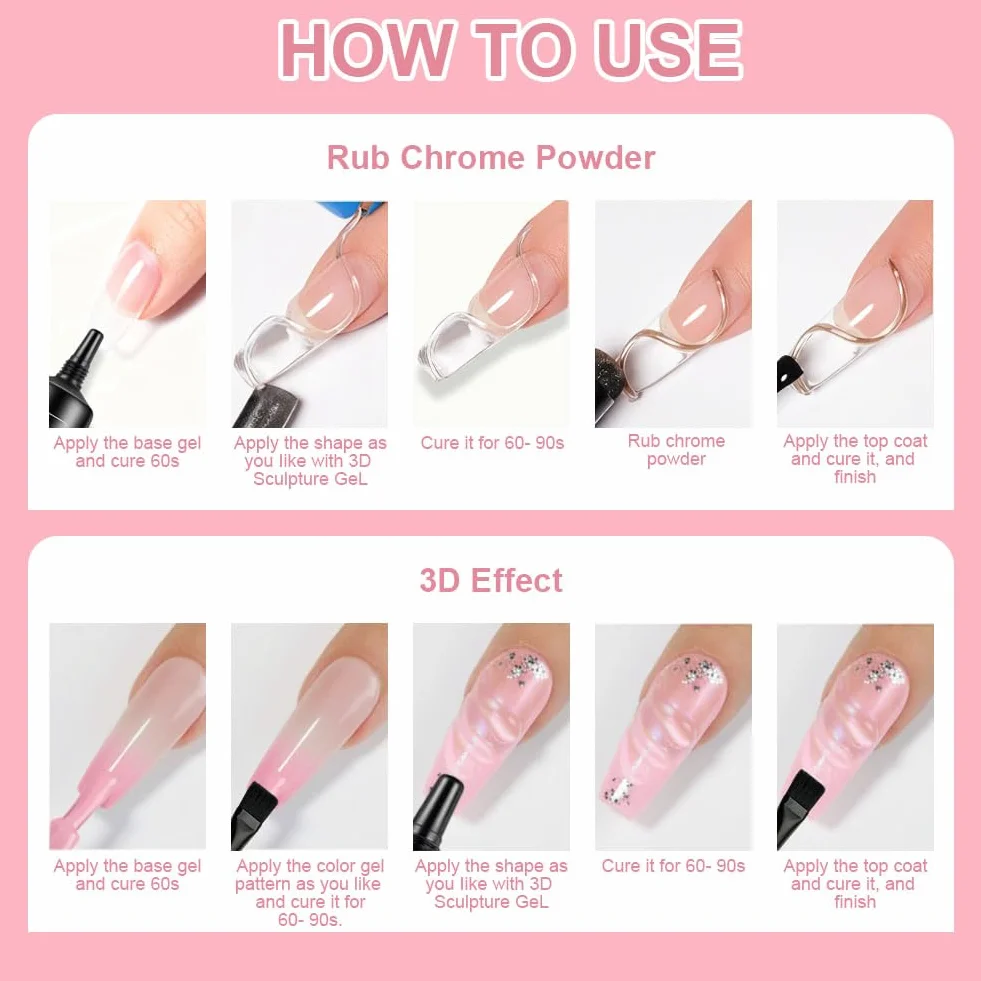 LOPHE Żel 3D Nail Art 15 ml, wielofunkcyjny żel do paznokci strasu, klej charms do rzeźbienia paznokci, modelowania paznokci, chromowany proszek do paznokci