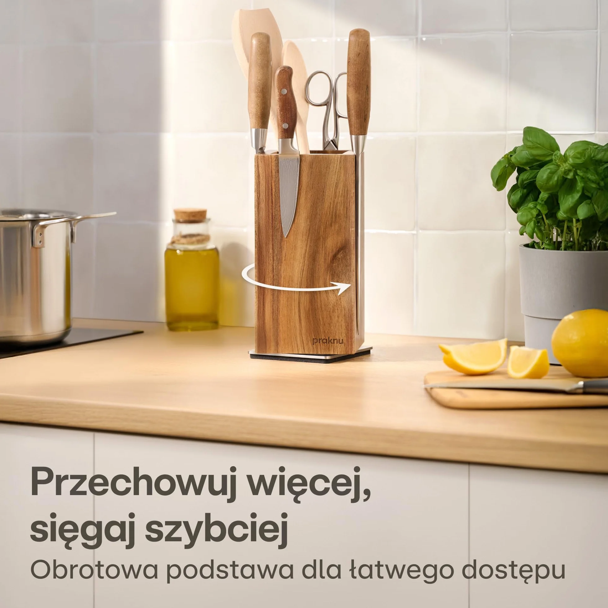 Praknu Magnetyczny Blok na Noże 360° Obrotowy Drewno Akacjowe FSC Silny Magnes Antypoślizgowy