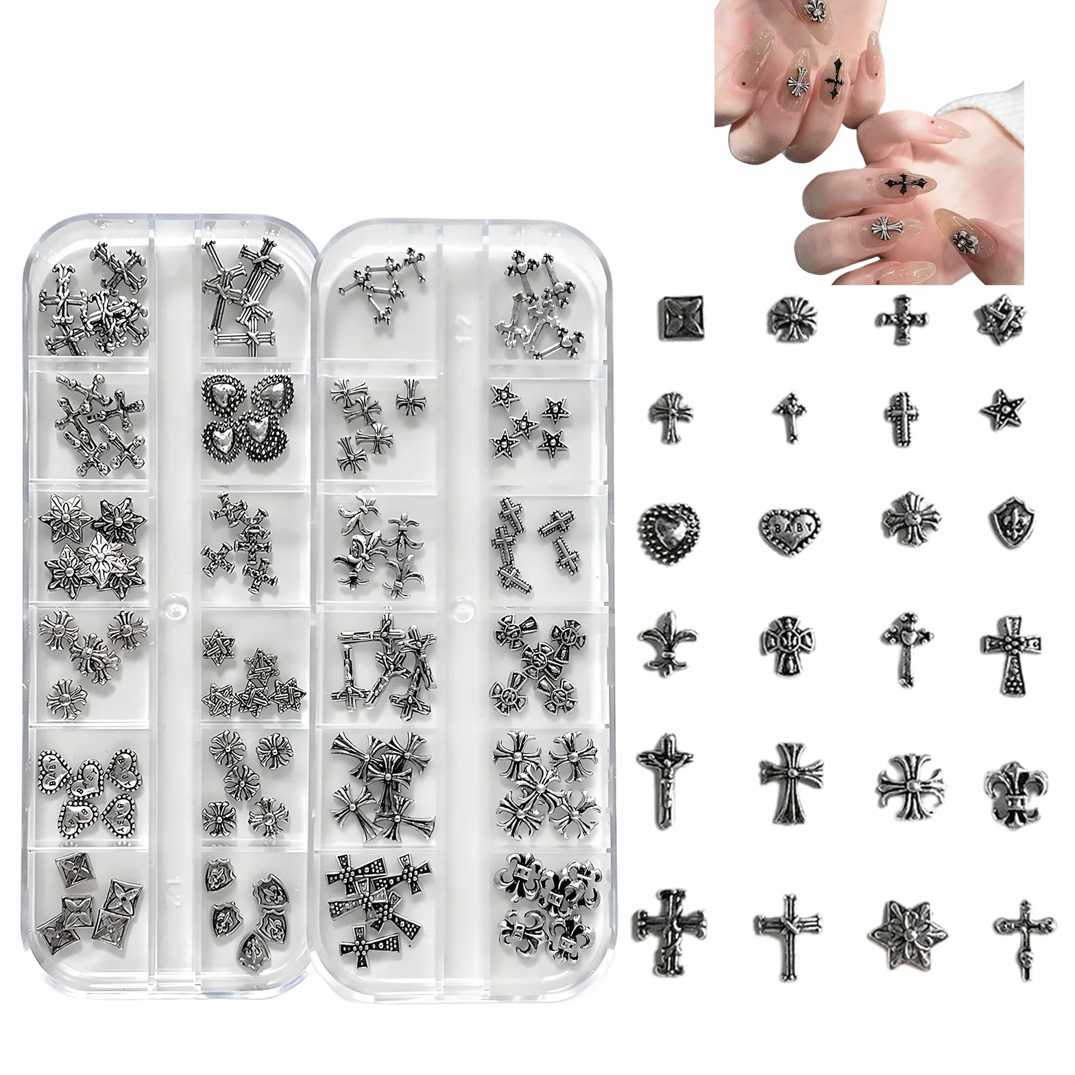 120 sztuk metalowych nitów 3D Nail Charms, srebrne zawieszki w stylu gotyckim retro charms do krzyżyka, zdobienia paznokci, ozdoby do stylizacji paznokci (srebrzyste 1)