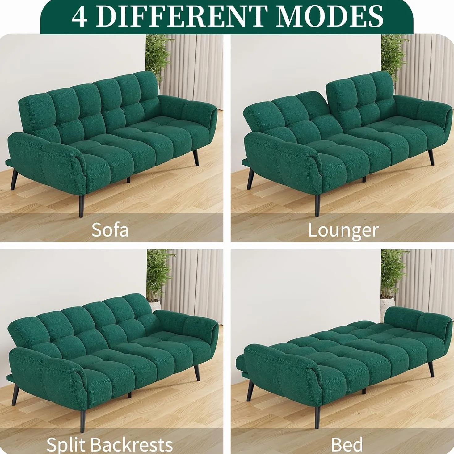 JIEXI Futon 195cm Modern Linen Sofa Bed with Adjustable Backrests Yellow 4 in 1 Convertible