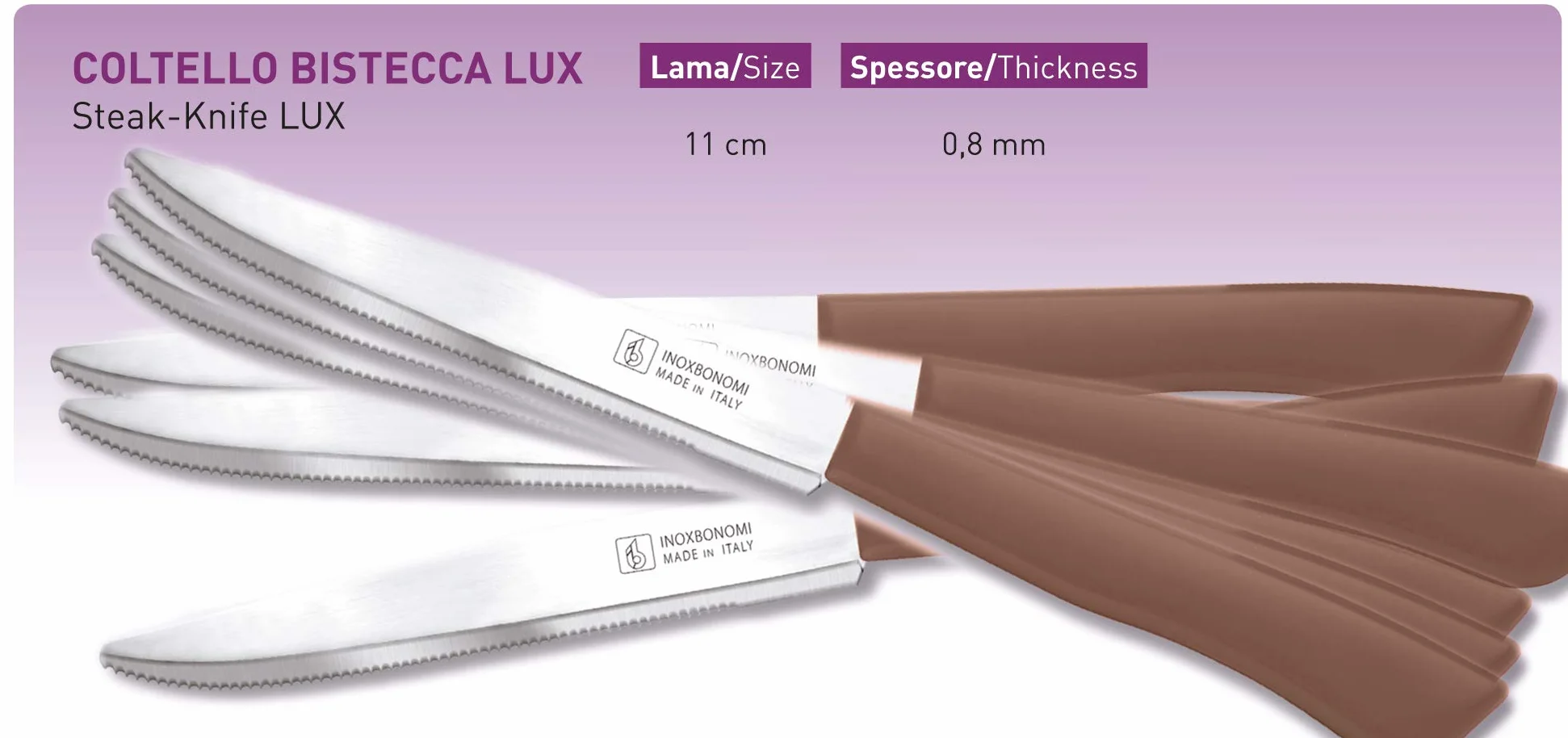INOXBONOMI Zestaw 6 włoskich noży kuchennych do steków (11 cm, bardzo ostry ząbkowany, nóż stołowy, ergonomiczny uchwyt, nadaje się do mycia w zmywarce) - brązowy
