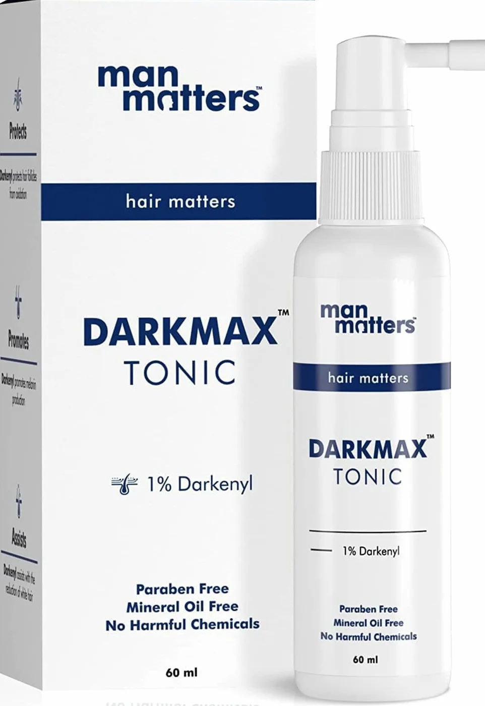 DarkMax Tonik do włosów i brody, 60 ml, 1% Darkenyl, zwiększa produkcję melaniny dla naturalnie pigmentowanych, zdrowych i błyszczących włosów, bez parabenów, bez silikonu