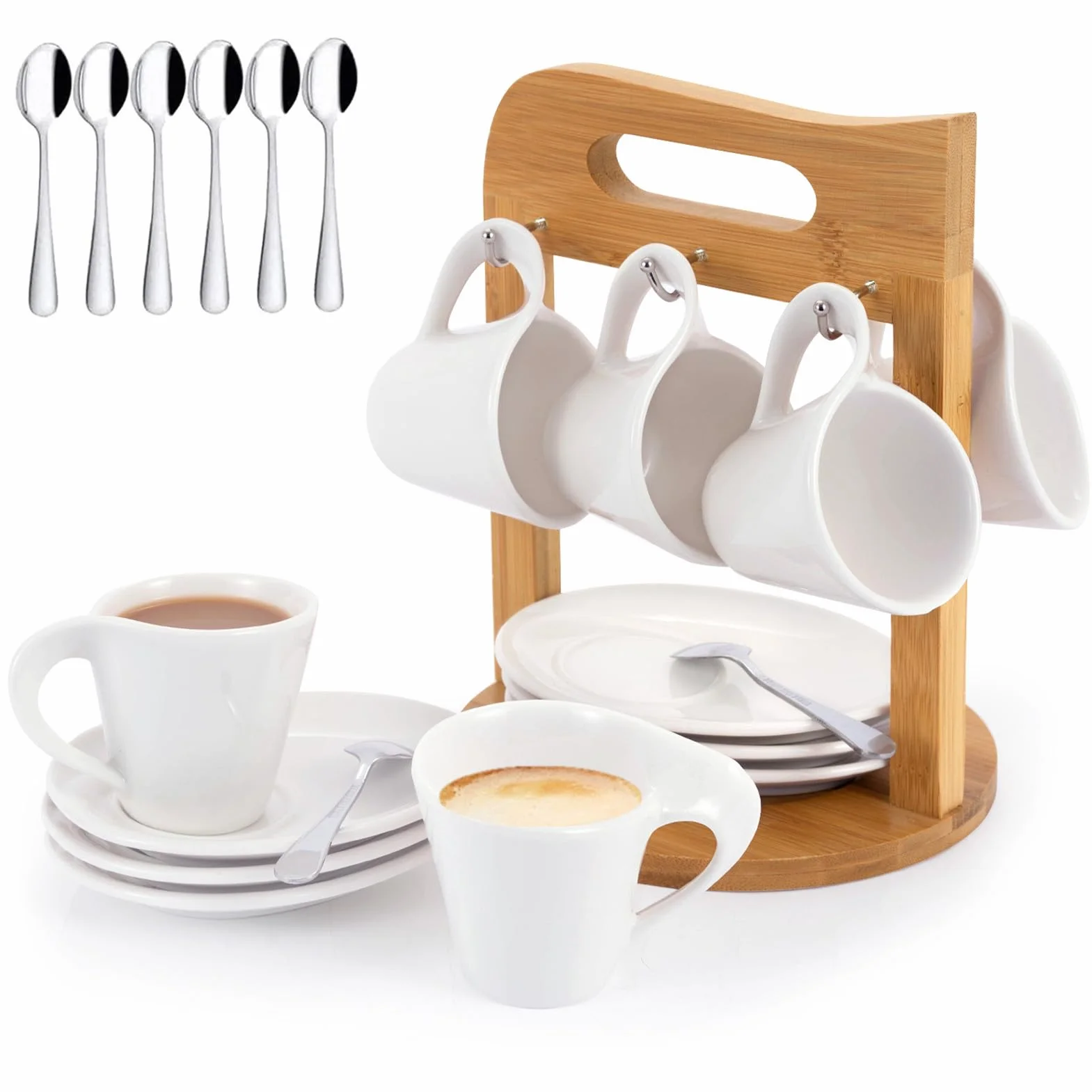 SOPRETY Zestaw 6 filiżanek do kawy ze spodkami z bambusa porcelanowe 100 ml