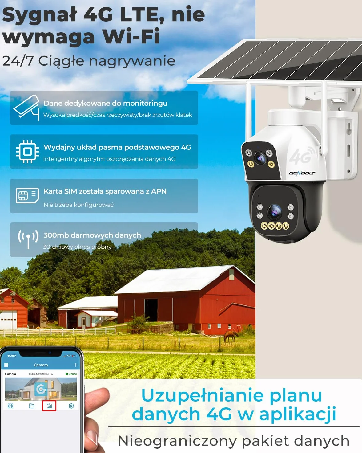 GENBOLT 4G AOV Kamera Zewnętrzna Solarna, Nagrywanie 24/7 3MP+3MP CCTV Zewnętrzna Kamera Monitoringu z wykrywaniem AI z kartą SIM, Kamera IP Zewnętrzna 8W 15600mAh, Automatyczne śledzenie