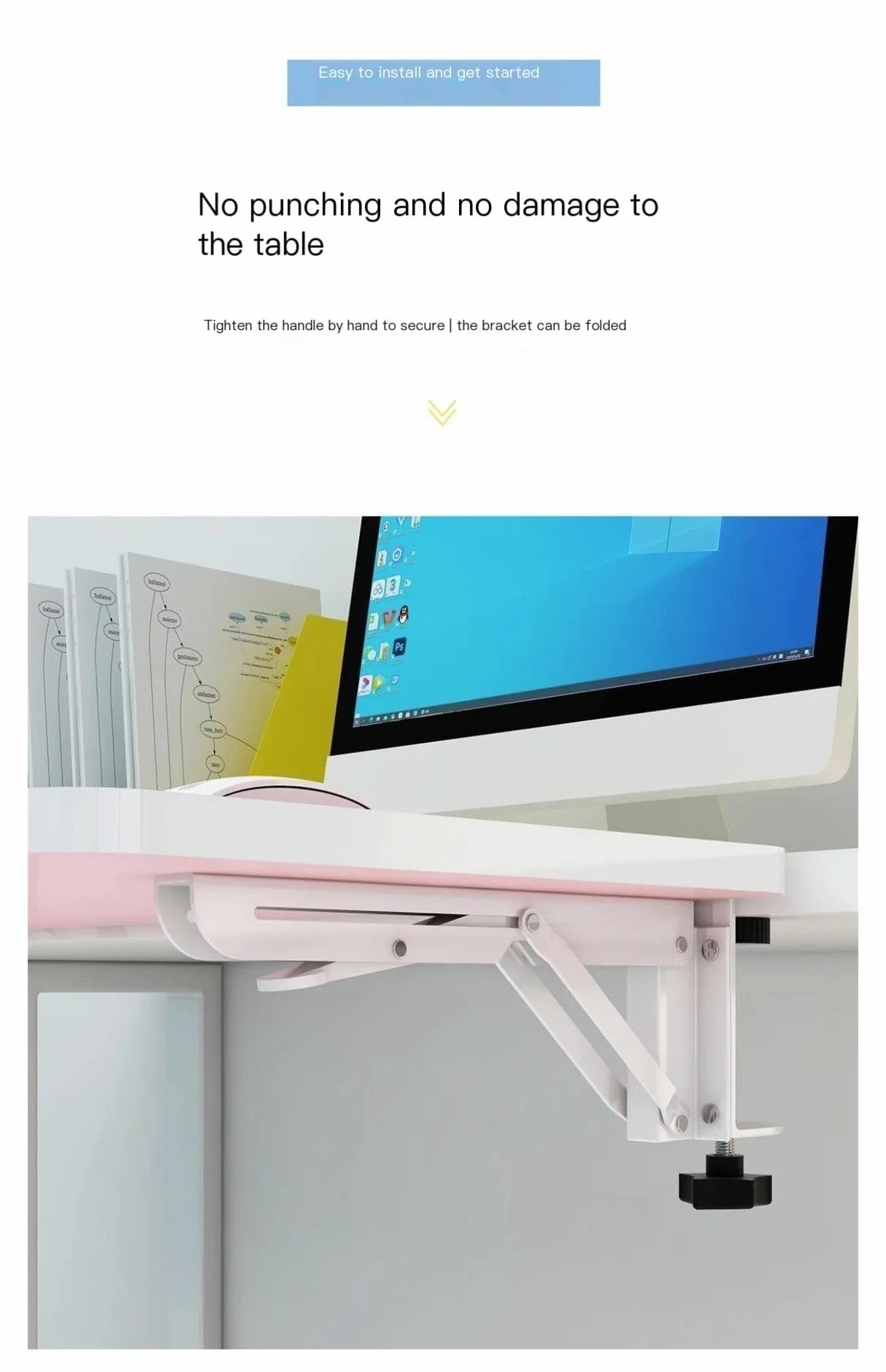 Desk Extender Tray Clamp Shelf White Black Pink 90° Folding No Punch Holes 65x25cm