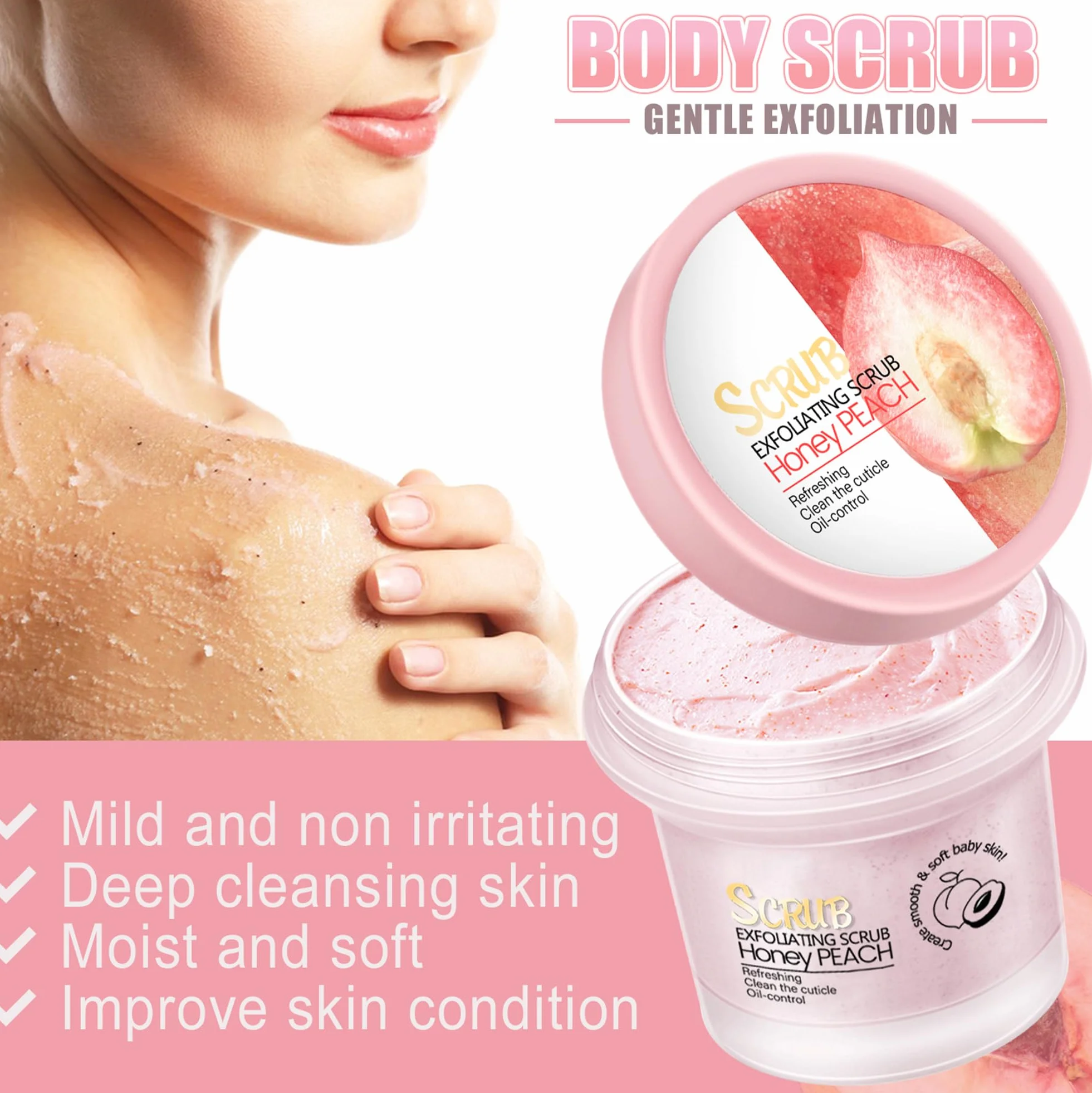 Peach Body Scrub Cream, 100 g, peeling do ciała brzoskwiniowy, gładki i ciasny, głębokie oczyszczanie, zwiększa przemianę materii i redukuje tłuszcz, naturalny peeling do ciała dla wszystkich rodzajów