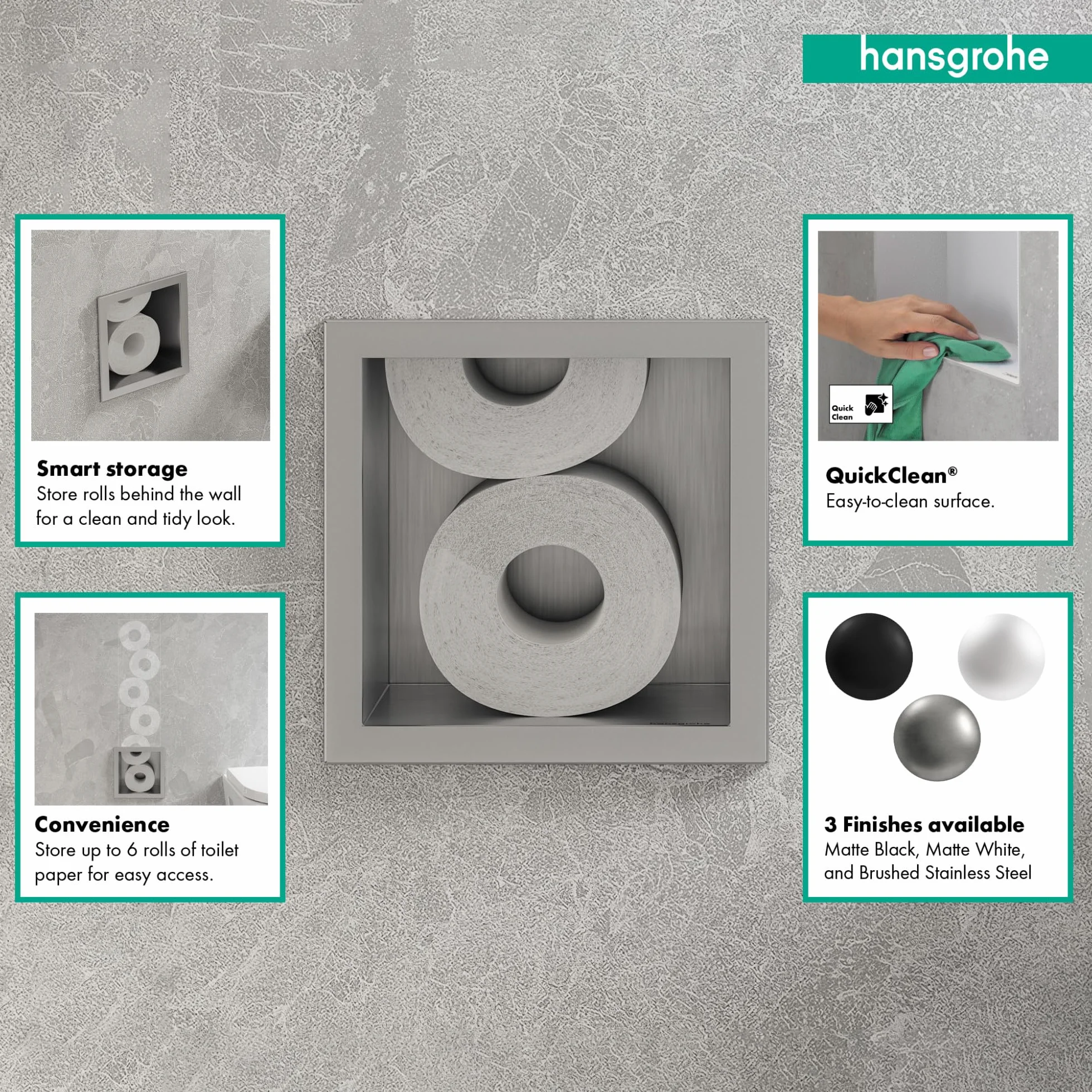 hansgrohe XtraStoris Original Wnęka ścienna na zapas 6 rolek papieru toaletowego, stal szlachetna szczotkowana