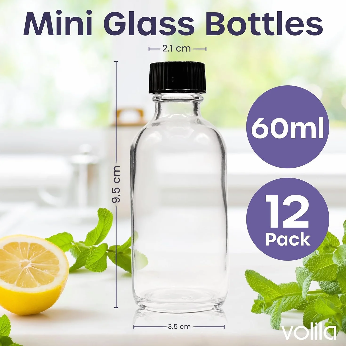Volila Butelki Szklane 60 ml 12 Sztuk z Pokrywkami Wielokrotnego Użytku do Soków