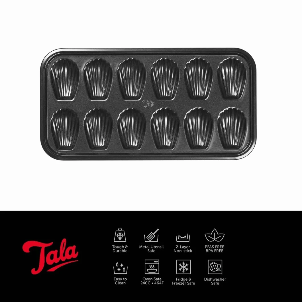 Tala Performance 12 foremek do ciasta Madeleine, profesjonalna stal węglowa z powłoką nieprzywierającą klasy Eclipse Premium, blacha do ciasta
