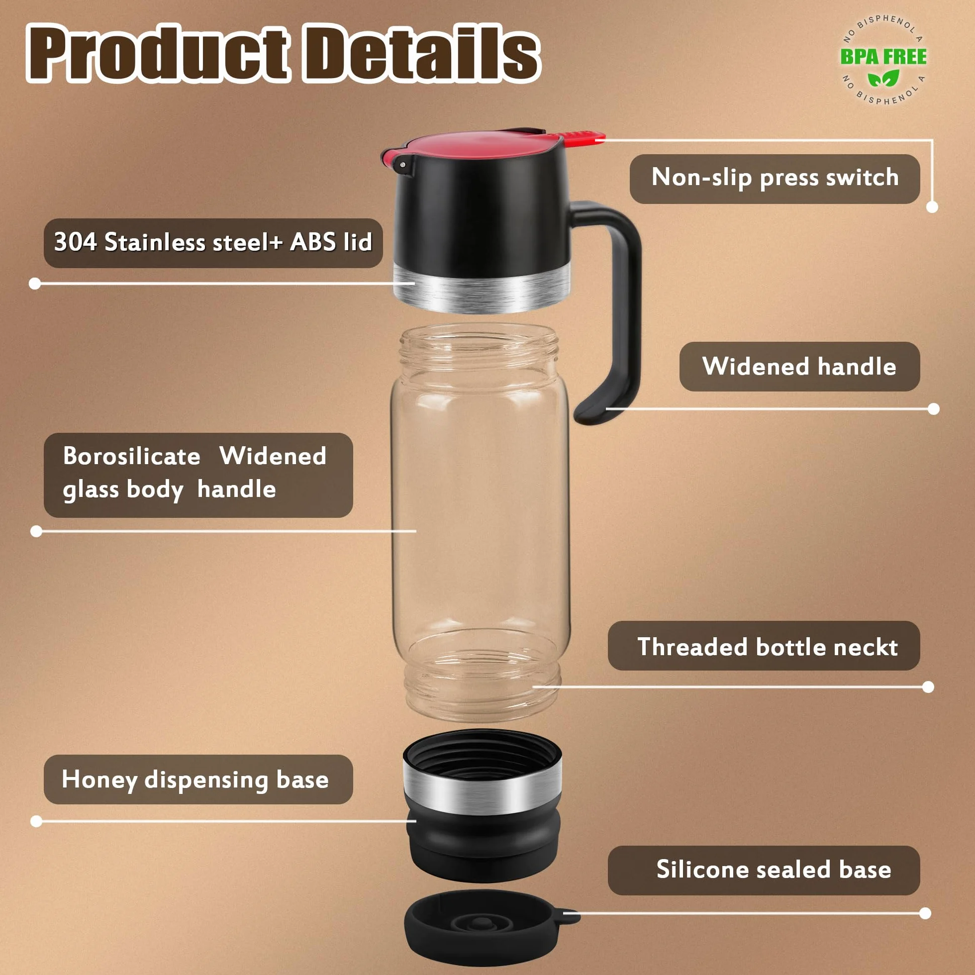 Szklany dozownik miodu 350 ml bez kapania silikonową podstawą czarny