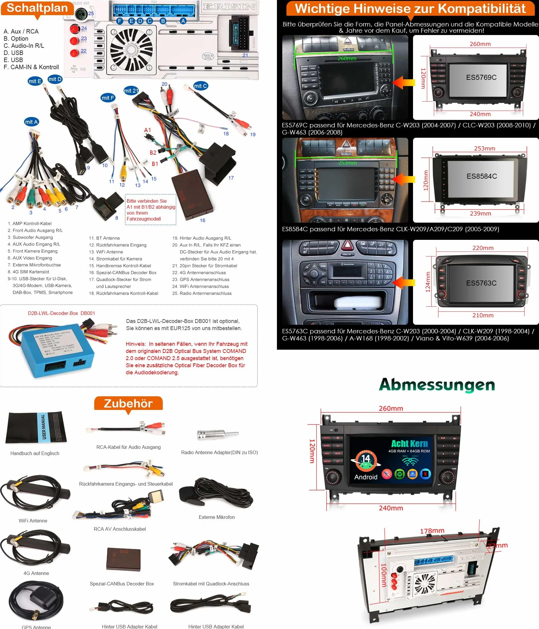 Erisin radio samochodowe 8-rdzeniowe 4GB+64GB z Androidem 14 GPS Navi dla Mercedesa Benz klasy C W203 klasy CLC W203 C180 klasy G W463, obsługuje Bluetooth, 7-calowy ekran dotykowy, CarPlay, Android