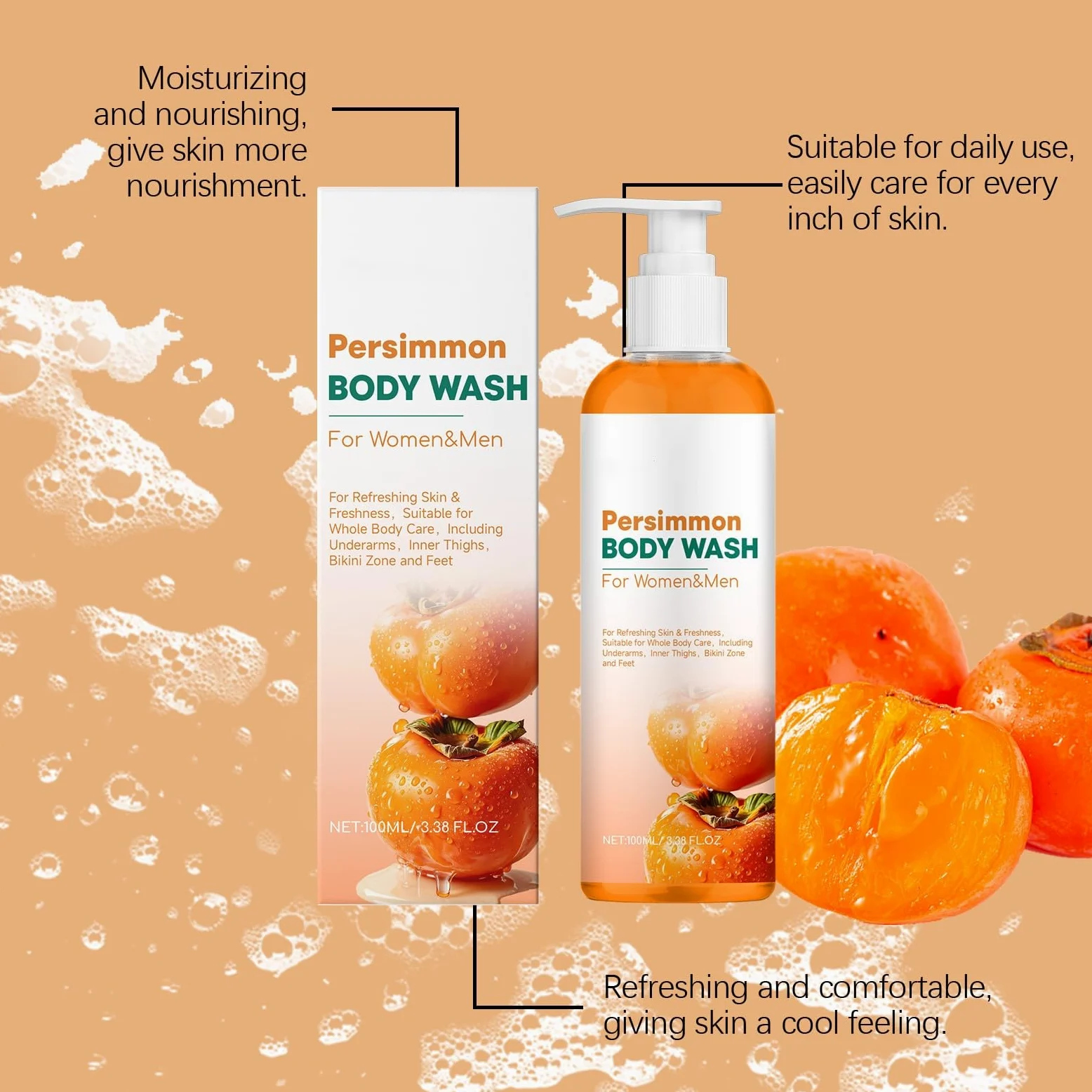 Persimmon mydło do ciała, kontrola zapachu, persimmon Body Wash, naturalne dezodoryzujące mydło persimmon, głębokie oczyszczanie ciała, kontrola zapachu Persimmon Bo/dy Wa/sh, Sensitive Skin (5 szt.)