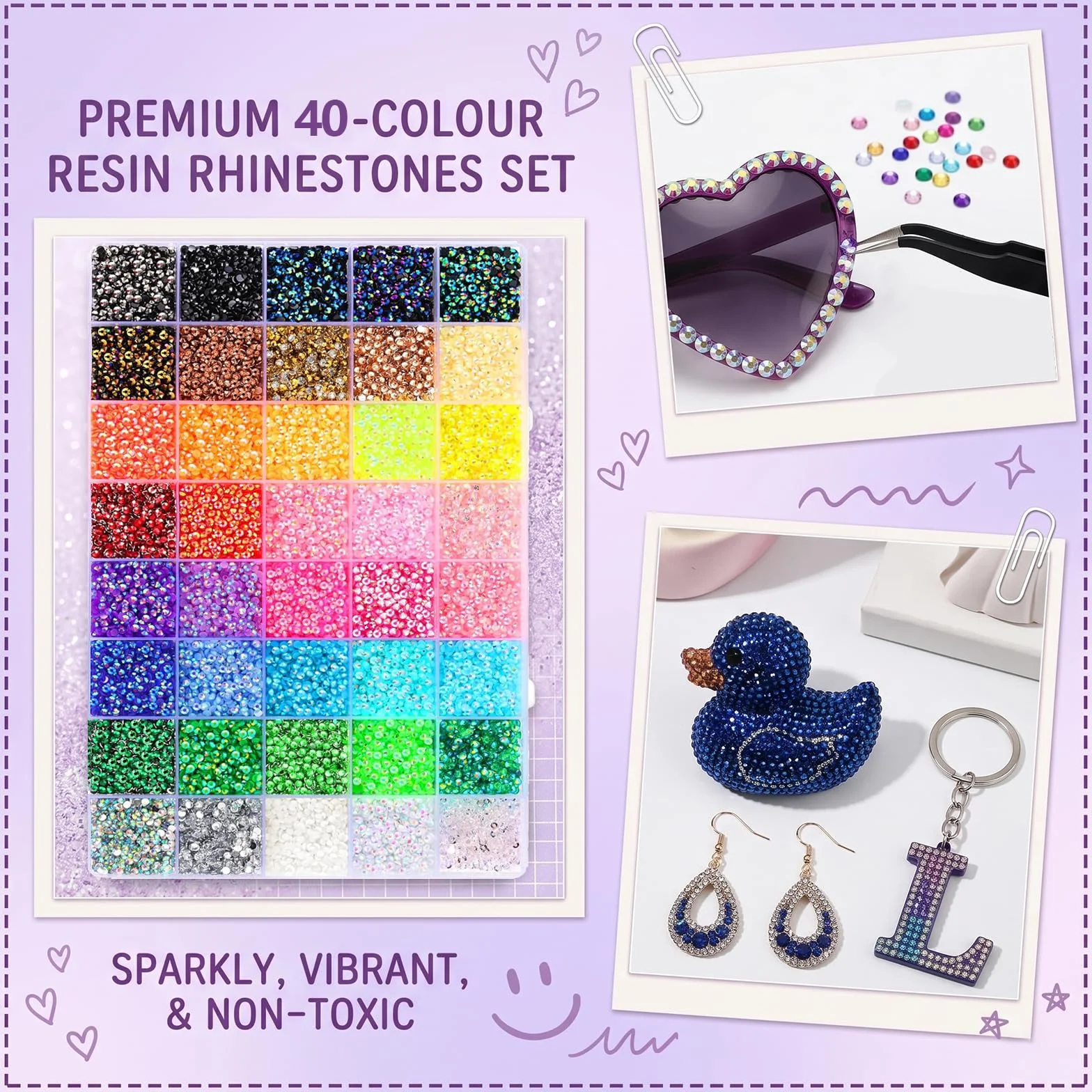 Zestaw do ozdabiania Bedazzler 35 000 sztuk kryształków typu Jelly w 40 kolorach, żywiczne kamienie o płaskim spodzie (3 mm) do zdobień w stylu Diamond Art w komplecie z, pęsetą i aplikatorem