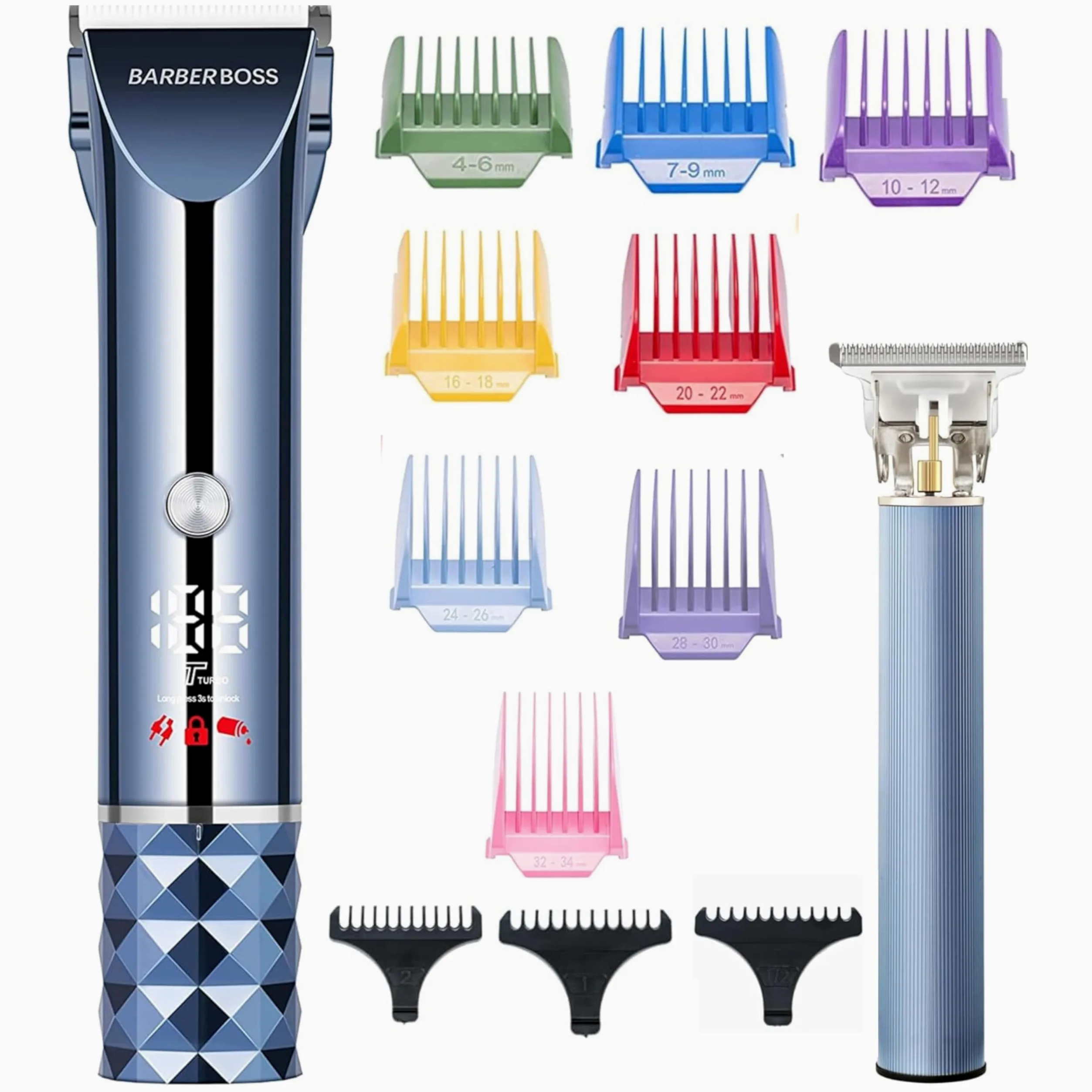 BarberBoss Zestaw do strzyżenia włosów i brody, męska bezprzewodowa maszynka do golenia, trymer Turbo Speed z wyświetlaczem LED, regulowane ostrze, 8 grzebieni prowadzących