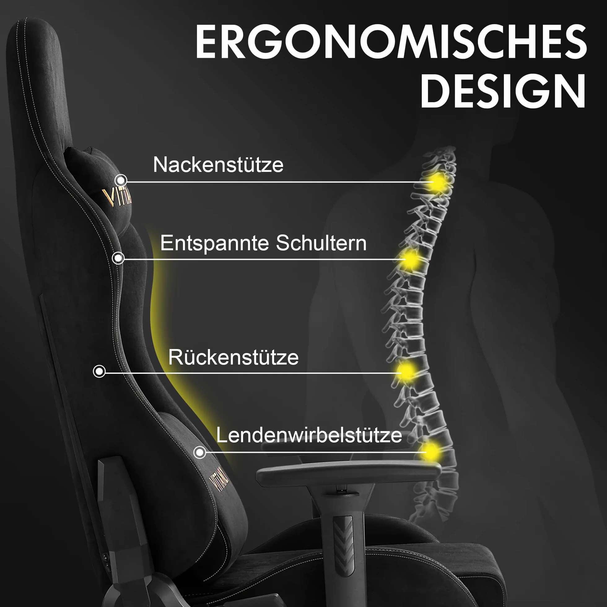 Vittanly fotel do gier ergonomiczne krzesło komputerowe z zagłówkiem podparciem lędźwiowym regulowanymi podłokietnikami podnóżkiem czarny