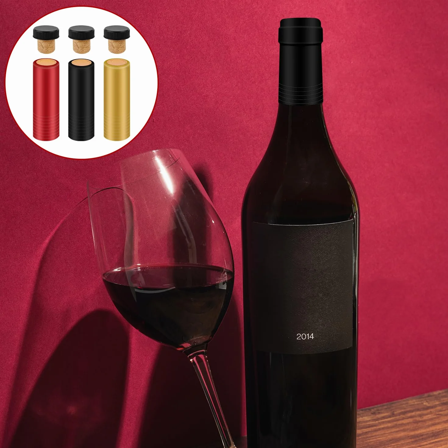 60szt Uszczelniacz Wina do Butelek Wina, Zestaw do Ponownego Zamykania Butelek Wina z Folia Termokurczliwa PVC Tasting Cork z Czarnym Plastikowym Blatem do Produkcji Piwnic i Uzytku Domowego