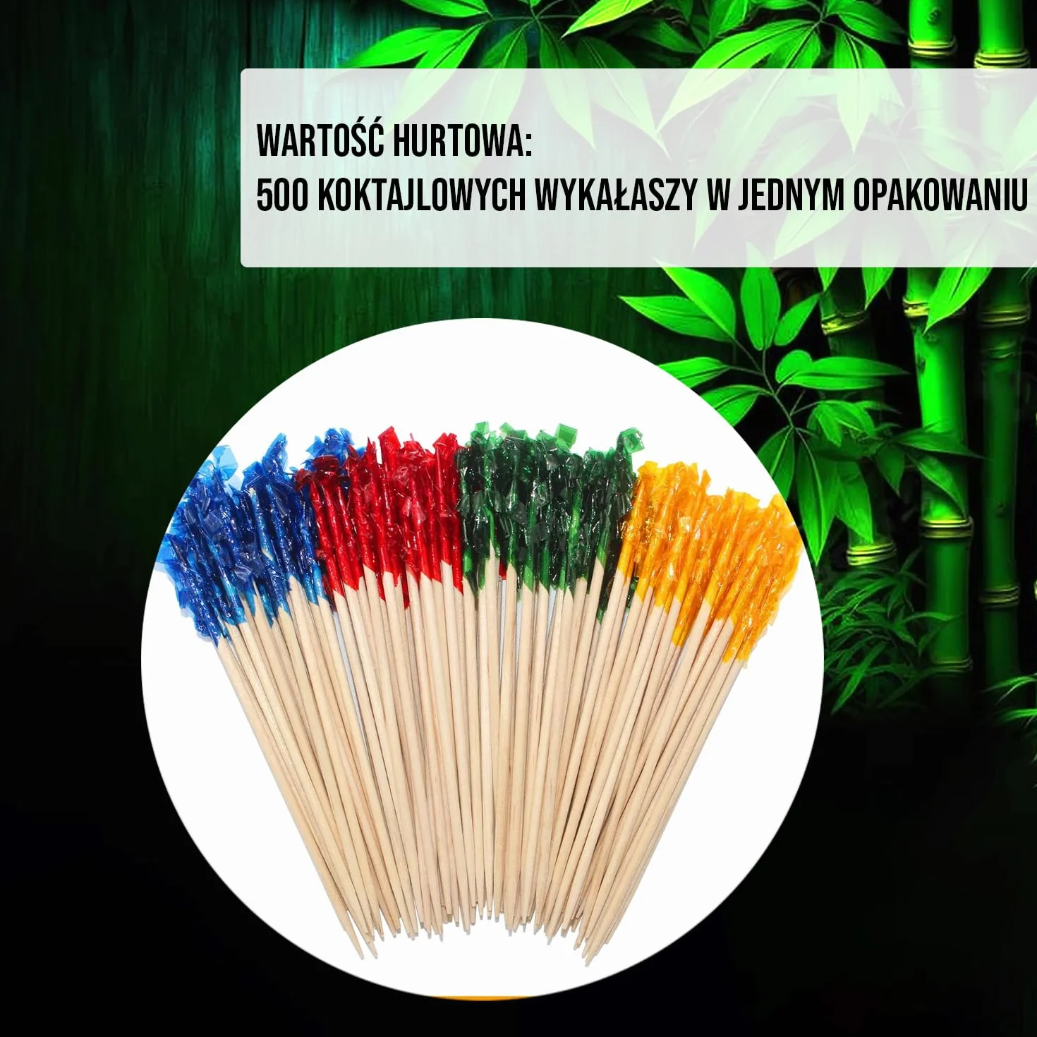Kolorowe Bambusowe Wykałaczki z Frędzlami 6,5 cm 500 Sztuk Czerwone Złote Zielone Niebieskie
