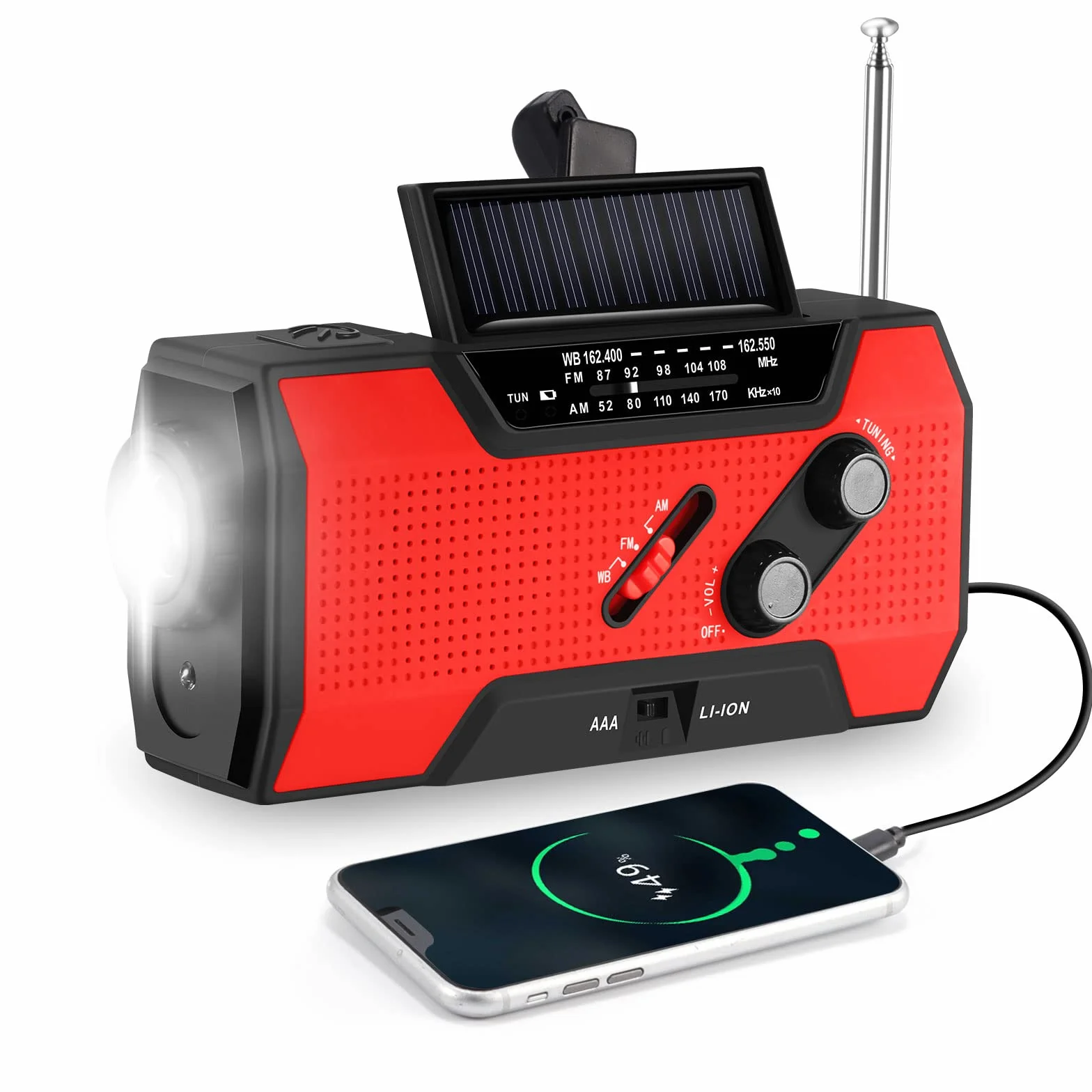 Radio korbowe awaryjne, FORNORM radio solarne 2000 mAh power bank radioodtwarzane z ładowarką do telefonu i 4 lampami do czytania, AM/FM/7 NOAA, 4 metody zasilania, czerwone