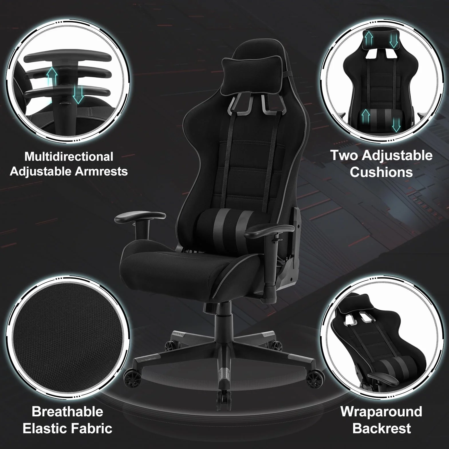 WOLTU Fotel gamingowy, oddychające, krzesło biurowe, krzesło dla graczy, obciążenie 150 kg, fotel obrotowy, z zagłówkiem, poduszką lędźwiową, podłokietnikami, regulowane podłokietniki, funkcja