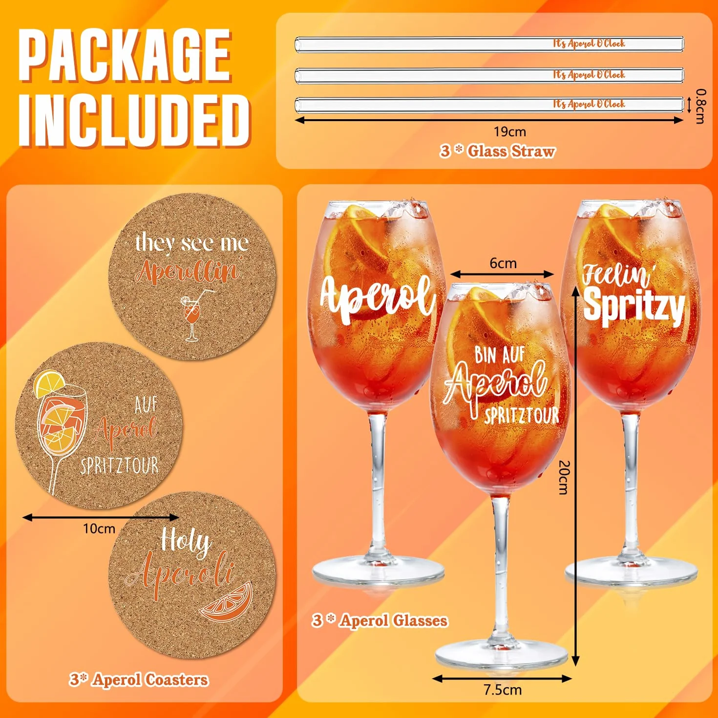 Aperol Spritz Zestaw 3 szklanek Aperol O'Clock szklane słomki podstawki korkowe