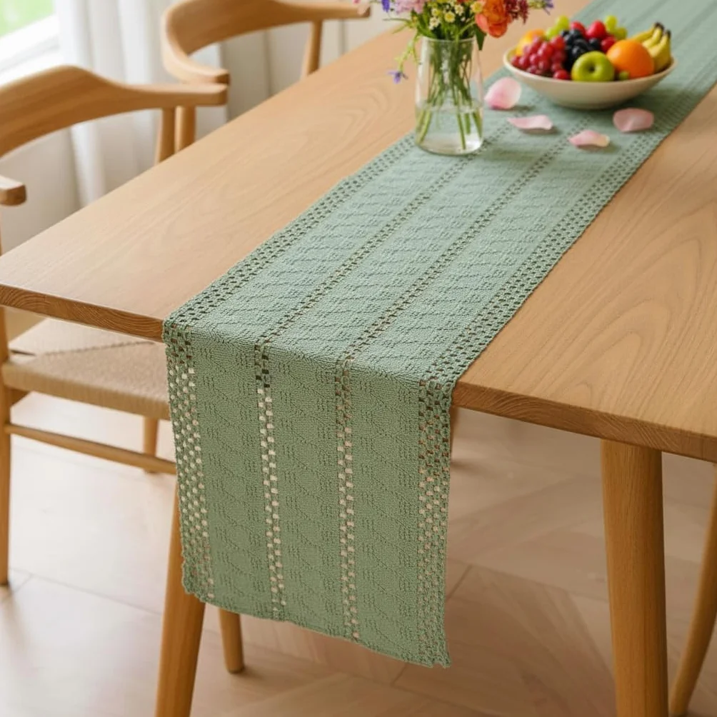 Zielony bieżnik na stół, szydełkowany, zielony szałwia, boho, makrama, bieżnik nowoczesny, 30 x 140 cm, wiosenny bawełniany obrus na stół, mały, styl wiejski, zmywalny, wąski, na wesele