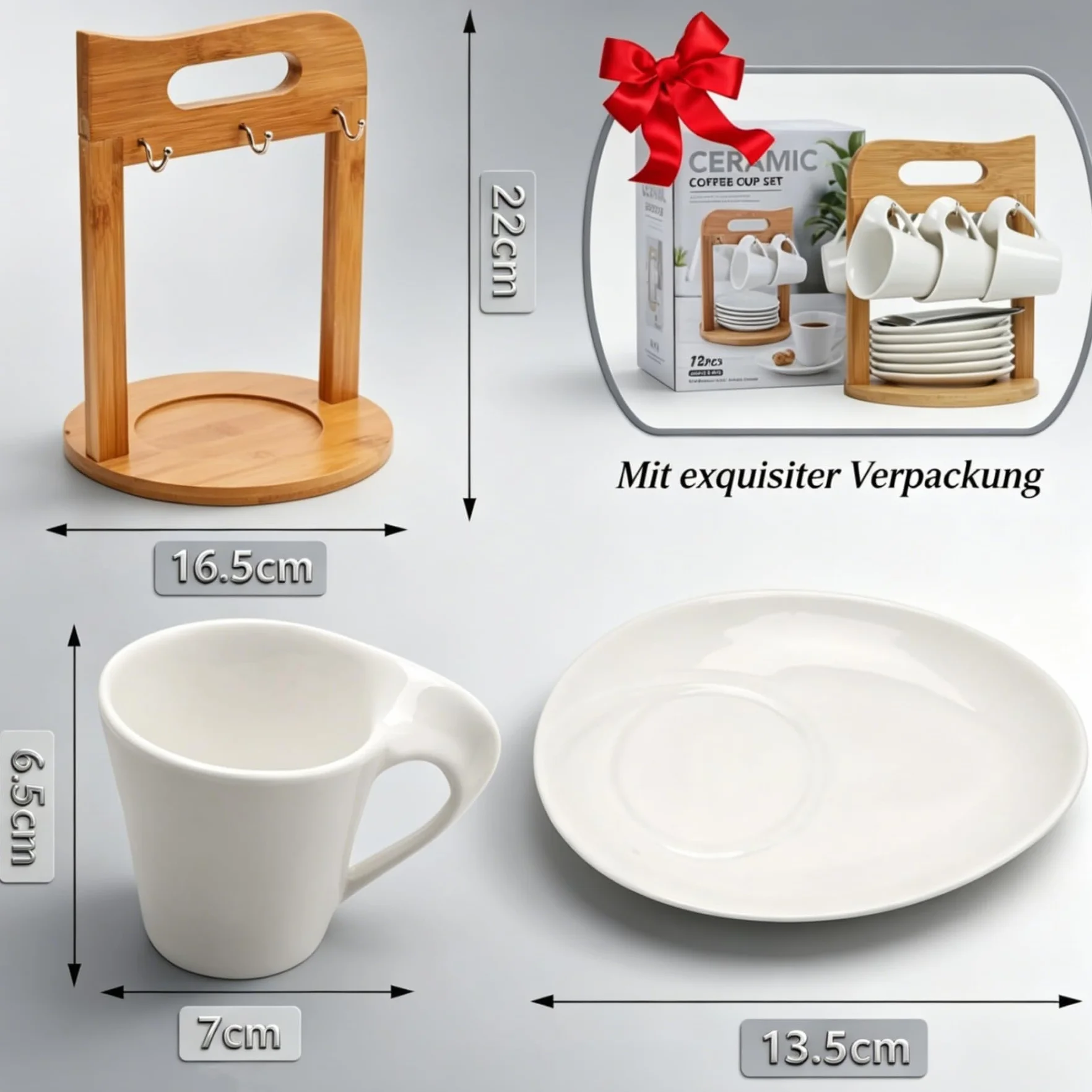 SOPRETY Zestaw 6 filiżanek do kawy ze spodkami z bambusa porcelanowe 100 ml