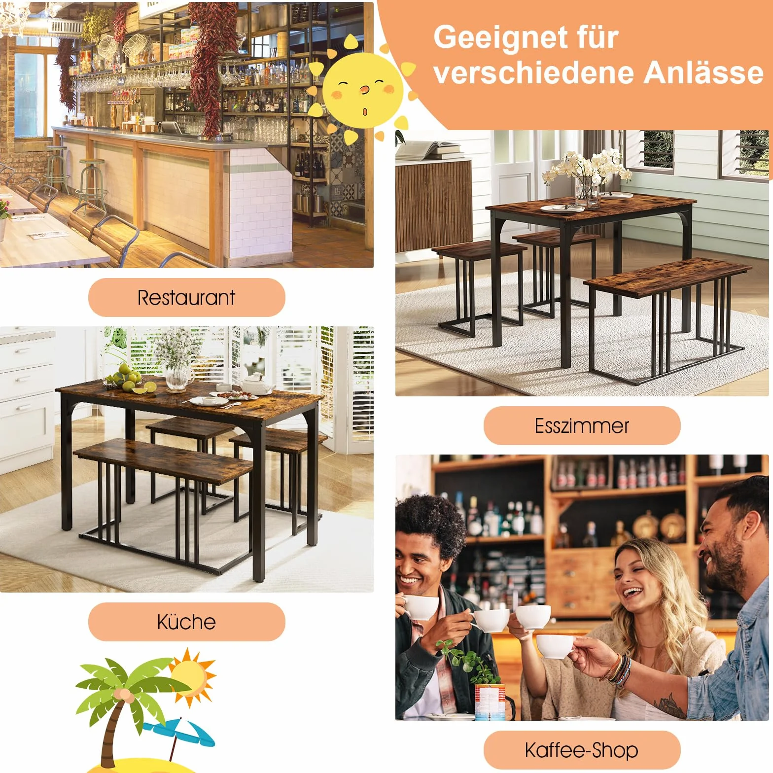 COSTWAY Stół do jadalni z ławką i 2 taboretami, zestaw 4 szt., stół kuchenny, przemysłowy zestaw do jadalni, restauracji, stół barowy z krzesłami, zestaw mebli do siedzenia w stylu vintage (120 x 60 x