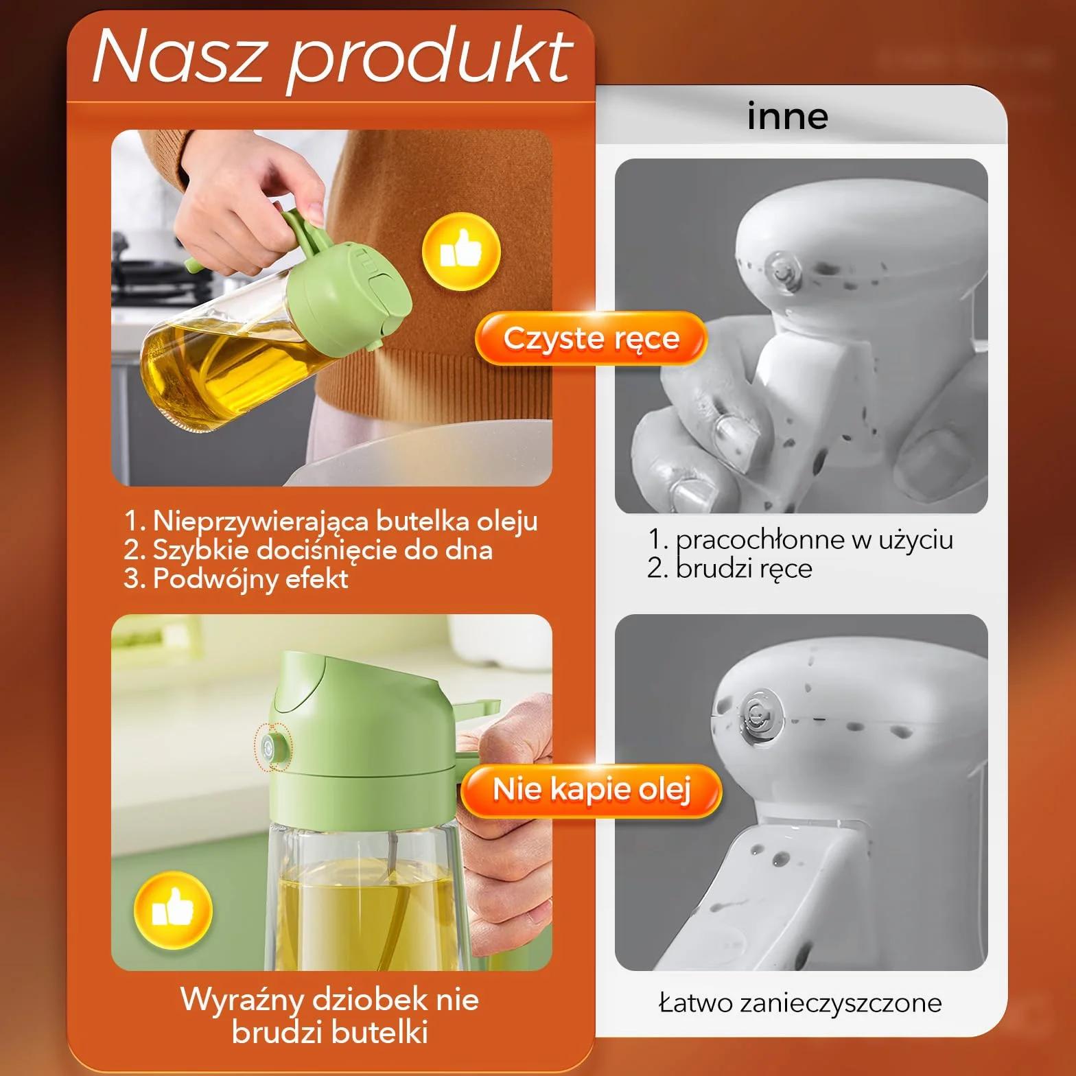 YARRAMATE 2 w 1 rozpylacz oleju jadalnego, butelka z rozpylaczem 470 ml, nadaje się do kontaktu z żywnością, spray na olej do gotowania, wysokiej jakości oleju do kuchni(Zielony)