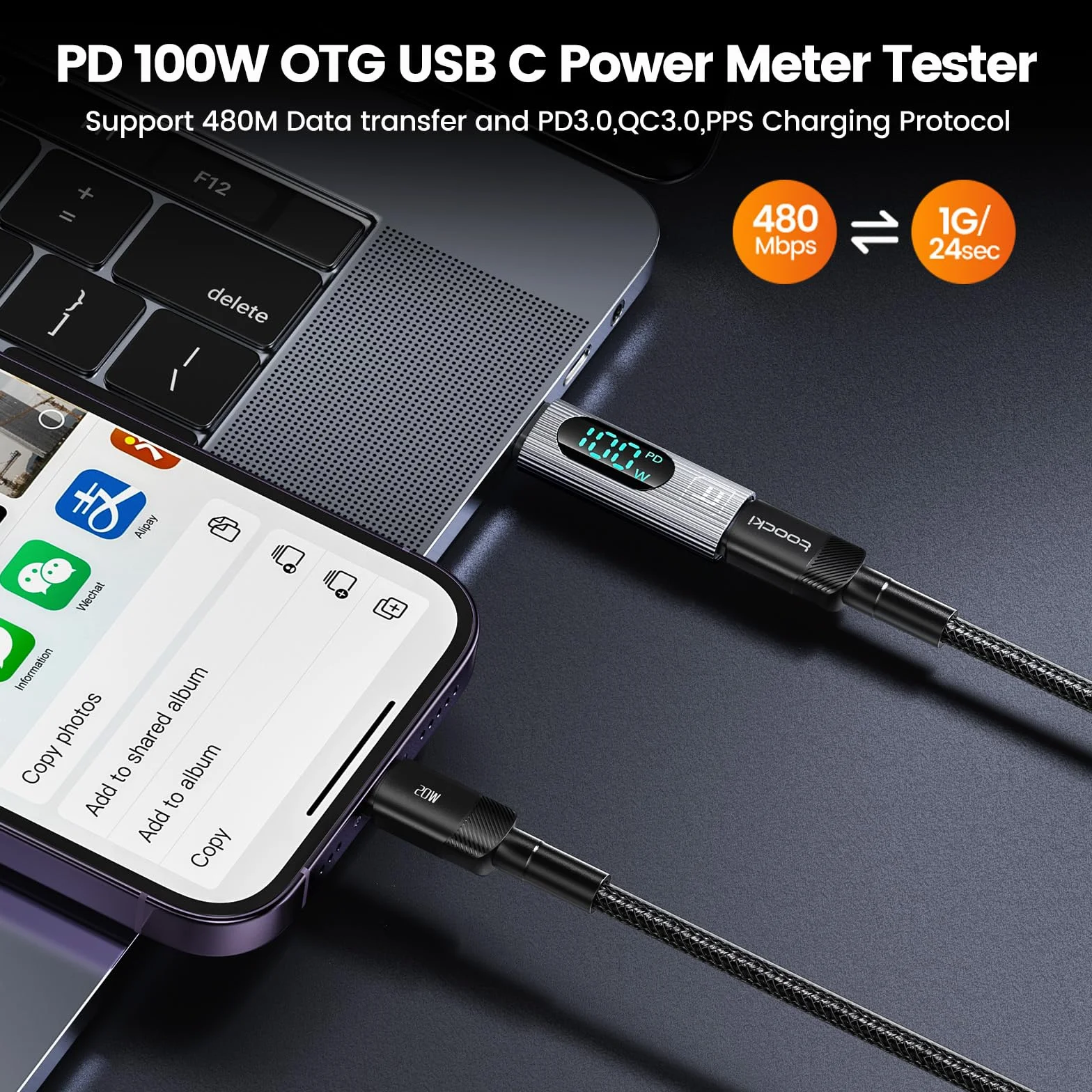 Adapter USB C, 2szt. 100W USB C żeński na USB C męski Adapter przedłużający Typ C Tester miernika mocy z cyfrowym wyświetlaczem do iPada Pro iPhone15Pro Max/MacBook Pro (Srebrny)