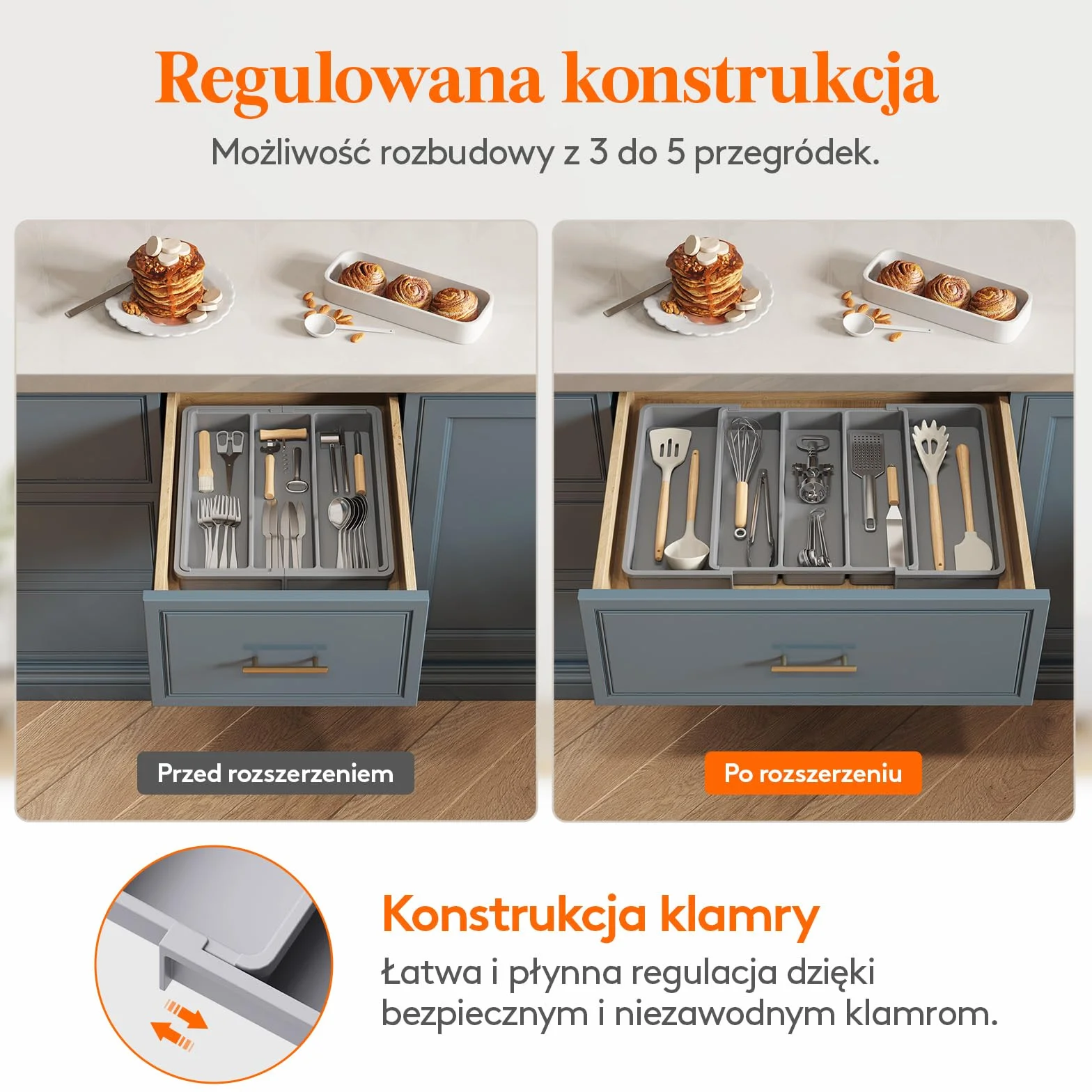 Lifewit Organizer do szuflady na przybory kuchenne, rozszerzalna duża taca na sztućce do kuchni, regulowany uchwyt sztućce, przegroda przechowywania narzędzi i gadżetów, duża,Szary