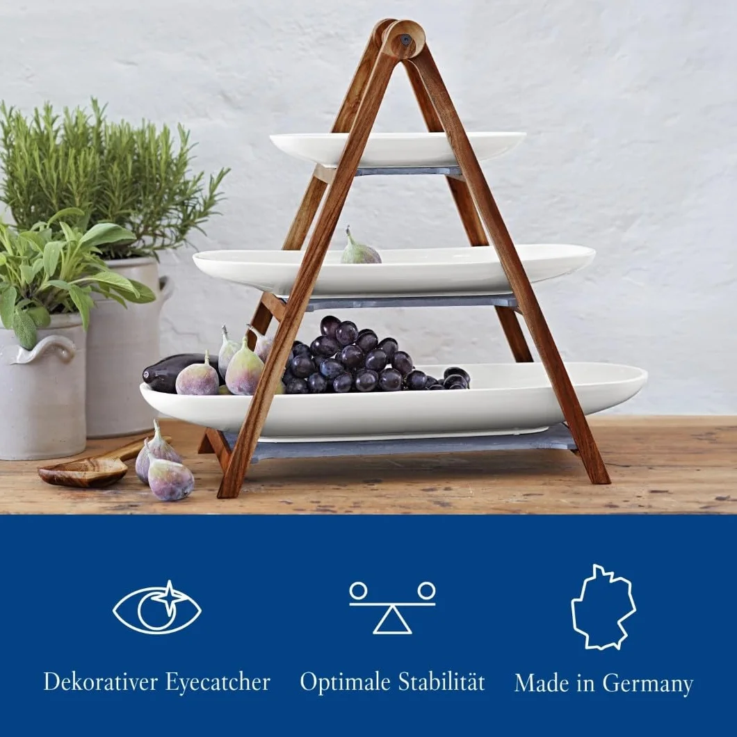 Villeroy & Boch Artesano Original etażerka 4-cz. 3-poziomowa porcelana Premium naturalny łupek drewno