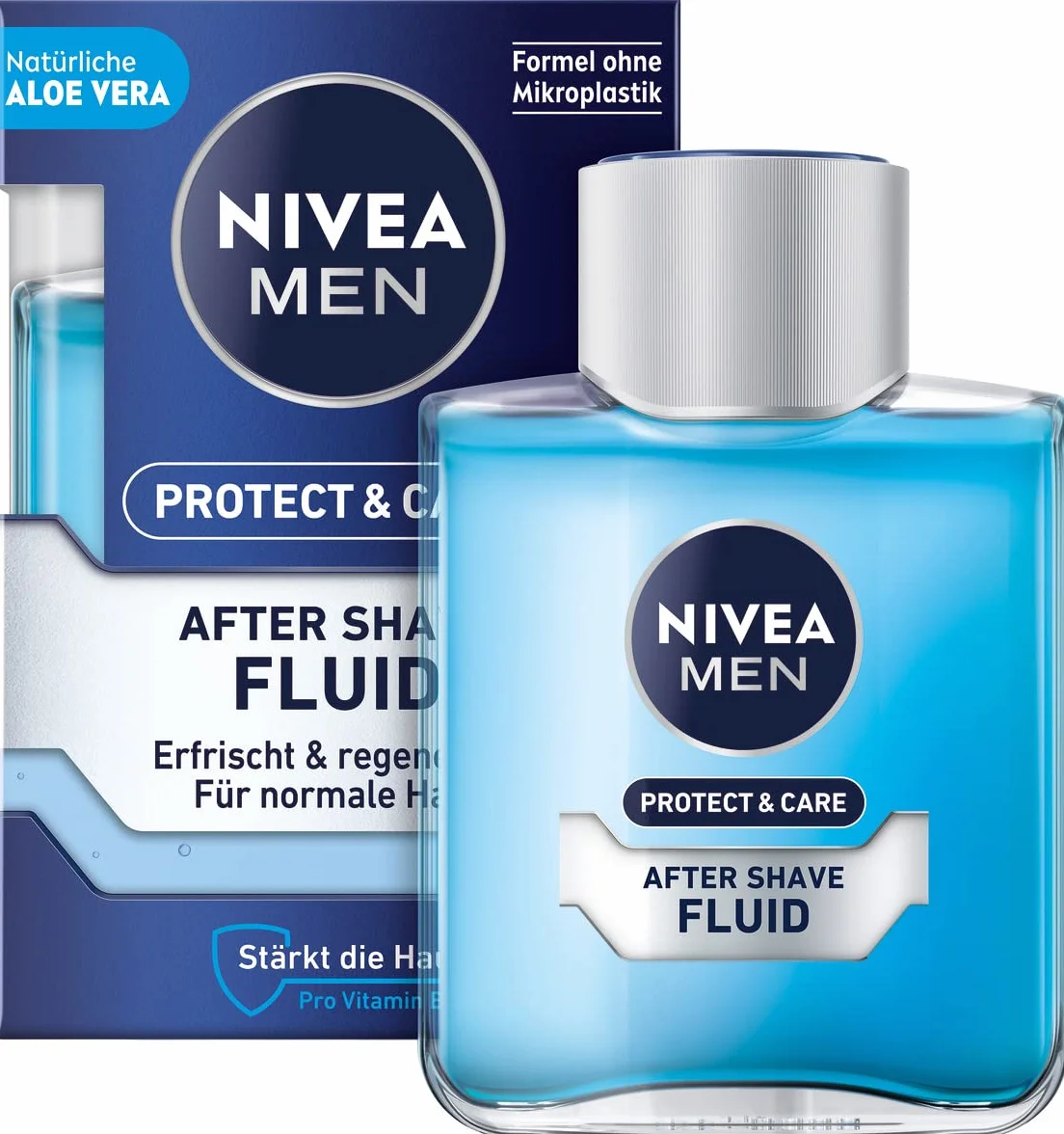 NIVEA Men Protect & Care After Shave Fluid (100 ml), uspokajający płyn po goleniu dla mężczyzn, pielęgnacja skóry po goleniu z aloesem i witaminą Pro B5
