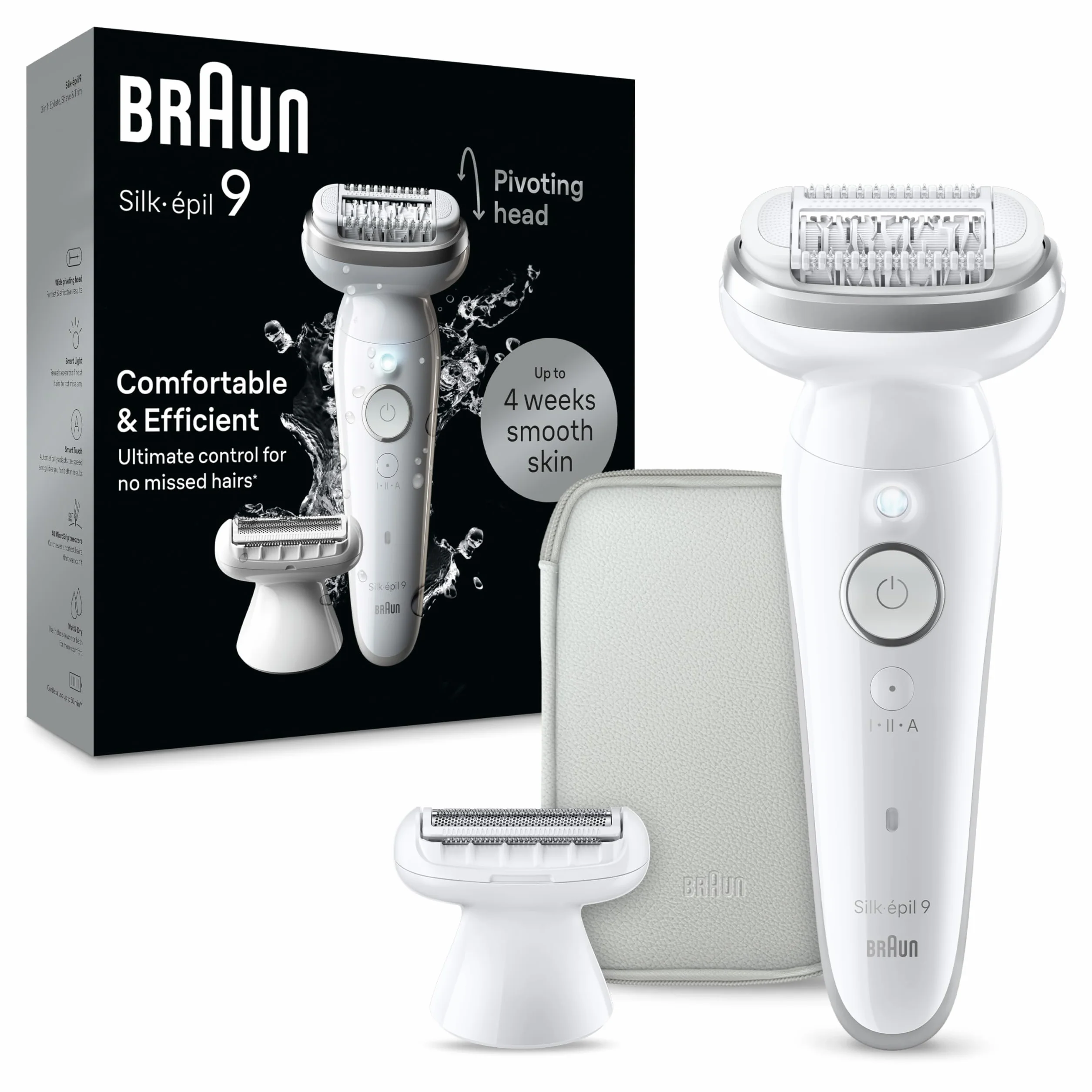 Braun Silk-épil 9, depilator damski/depilator do długotrwałego usuwania włosów, nasadka do golenia, nasadka trymera, 9-041, biały/srebrny
