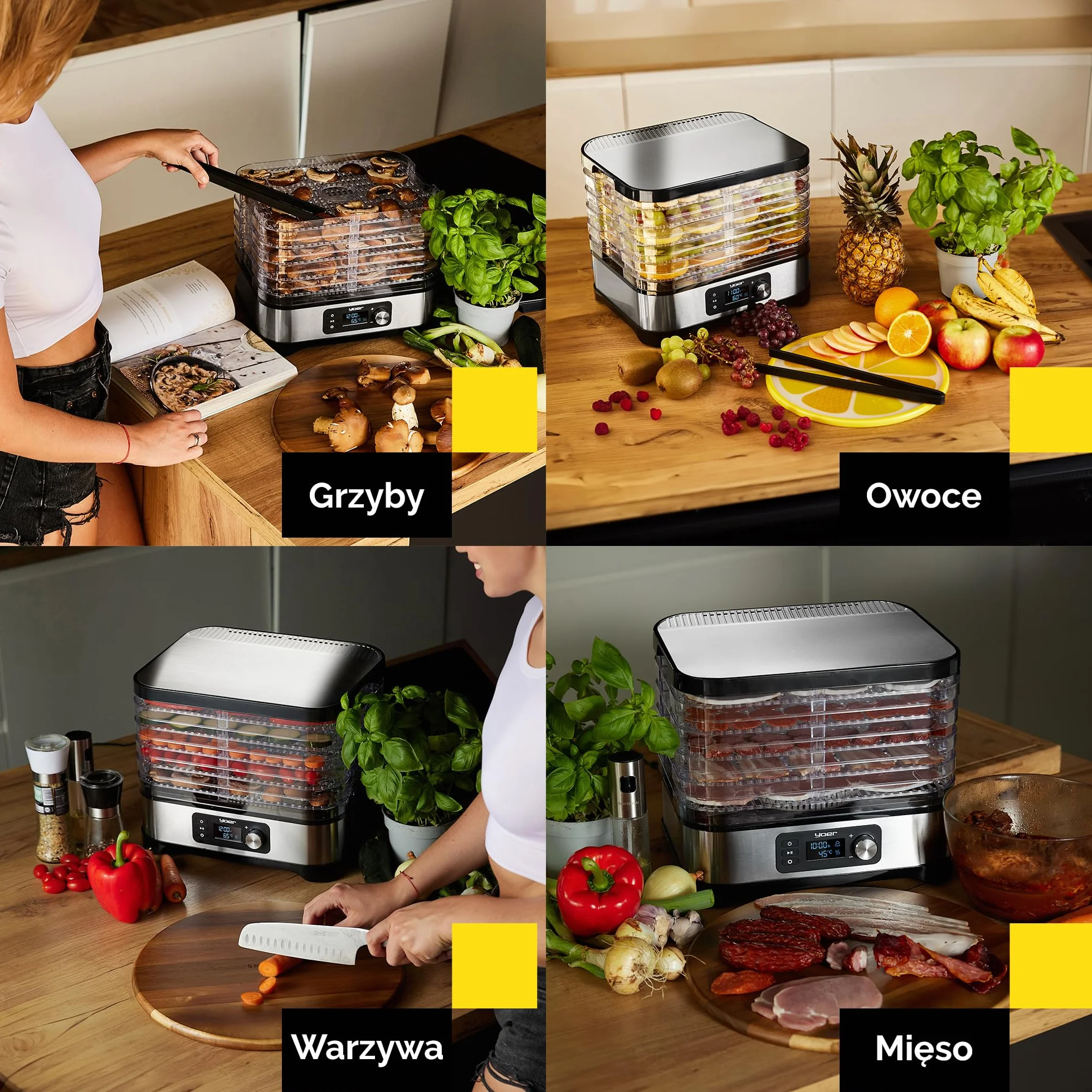 Yoer Suszarka do żywności, Stal nierdzewna, 450W, 6 tacek + 9 akcesoriów, 4725 cm², Timer 24h, wyświetlacz LED, BPA Free, Suszarka do grzybów, owoców i warzyw, dehydrator, VitaSave FD01S