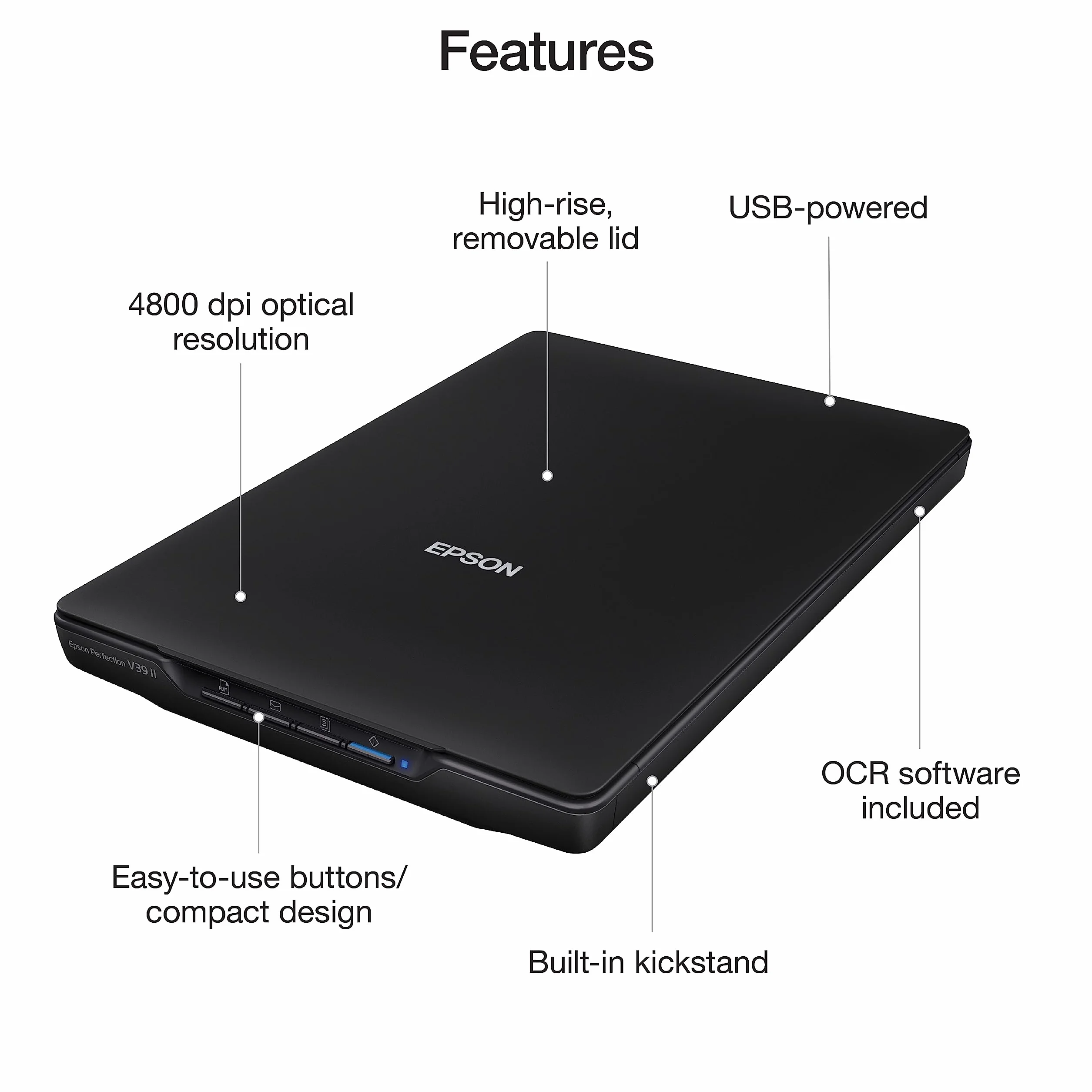 Epson Perfection V39 II kolorowy skaner płaski do zdjęć i dokumentów o rozdzielczości optycznej 4800 dpi, skanowanie do chmury, zasilanie USB i wysoki stan, zdejmowana pokrywa