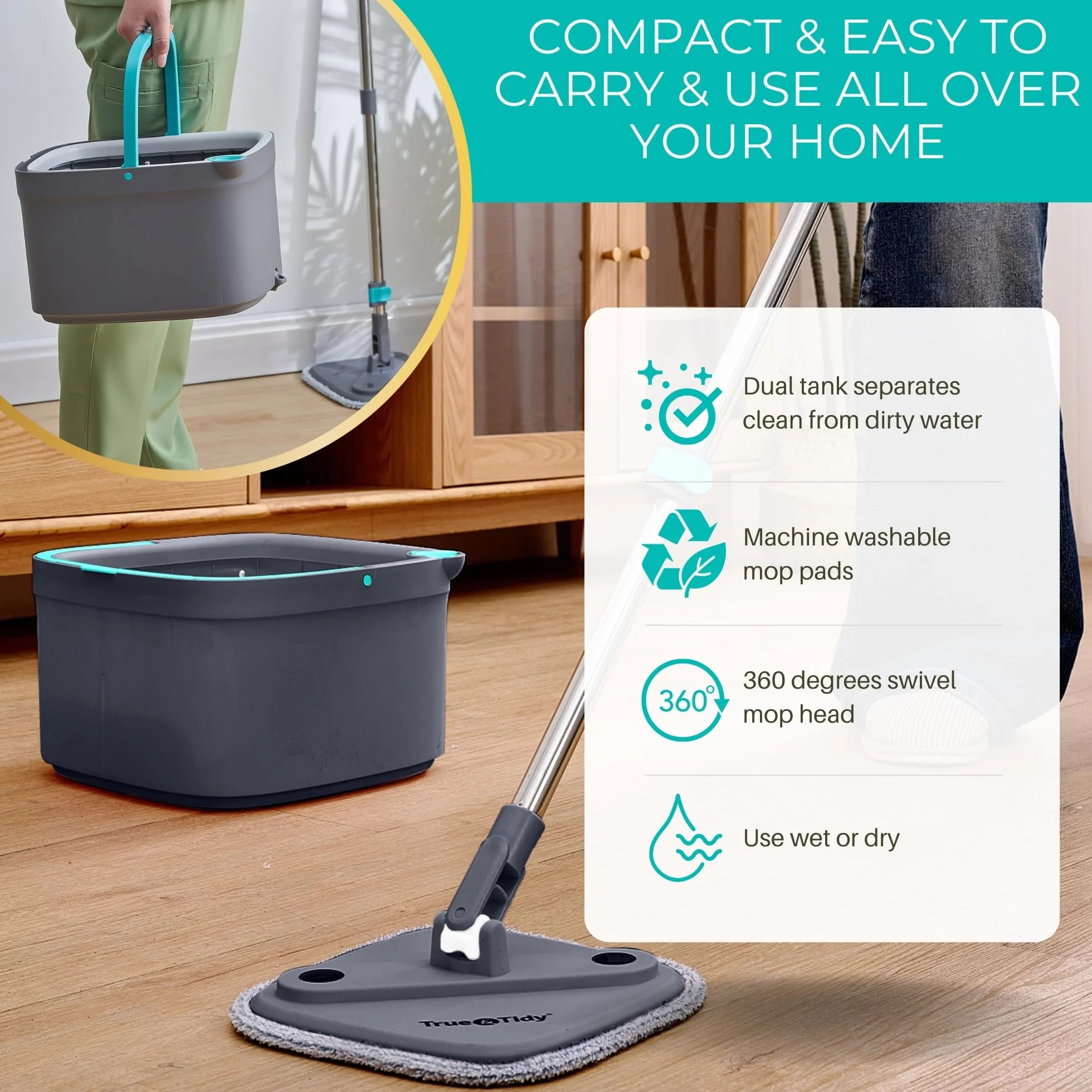 True & Tidy, True Clean Spin Mop i system wiadra, zawiera mop obrotowy, dwukomorowe wiadro do mopa i 2 grube zmywalne podkładki do mopa z mikrofibry, SPIN-800A, szary.