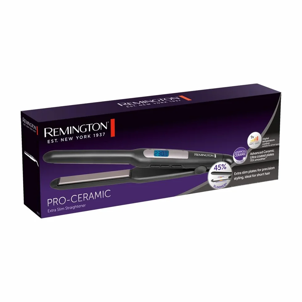 Remington Prostownica do włosów Pro-Ceramic Extra Slim do krótkich włosów, brody i fryzur typu pixie (ruchome płytki, zaawansowana powłoka ceramiczna, 9 ustawień 150-230°C, szybkie nagrzewanie) S5515