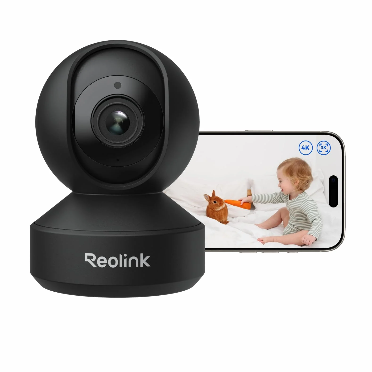 Wewnętrzna kamera bezpieczeństwa Reolink 4K PT, 3-krotny zoom optyczny, automatyczne śledzenie, wykrywanie osób/zwierząt, wykrywanie płaczu, tryb prywatności, konfiguracja Bluetooth, E1 Zoom Czarny