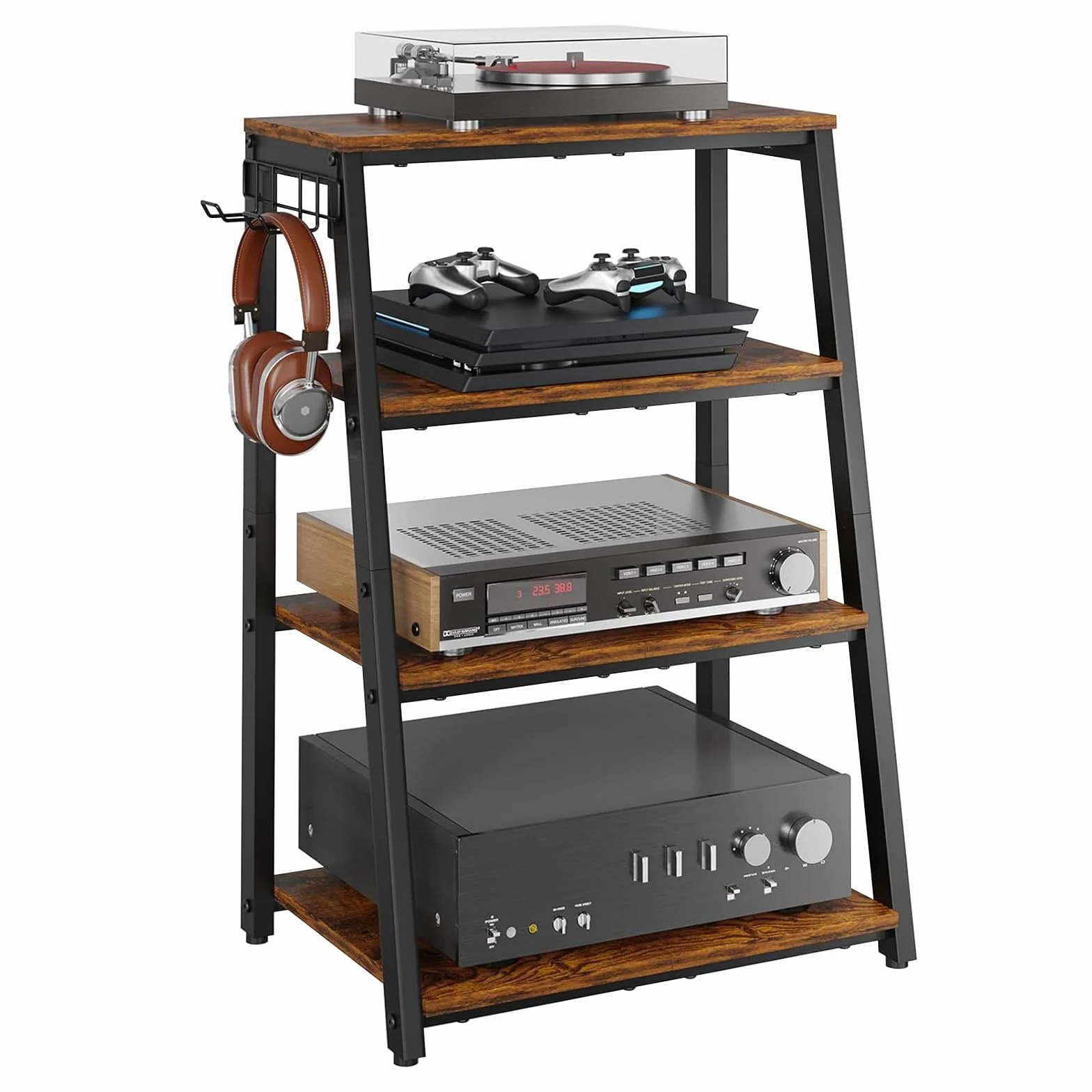 Półka HiFi drewno stal 4-kondygnacyjna haczyki drabina gramofon stereo
