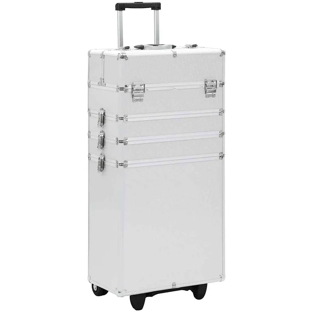 Walizka na kosmetyki aluminiowa srebrna z 4 półkami i wysuwanymi półkami, zajmuje mało miejsca, wodoszczelna, łatwa do przenoszenia, idealna na podróż, urlop, do samolotu, dla kobiet i