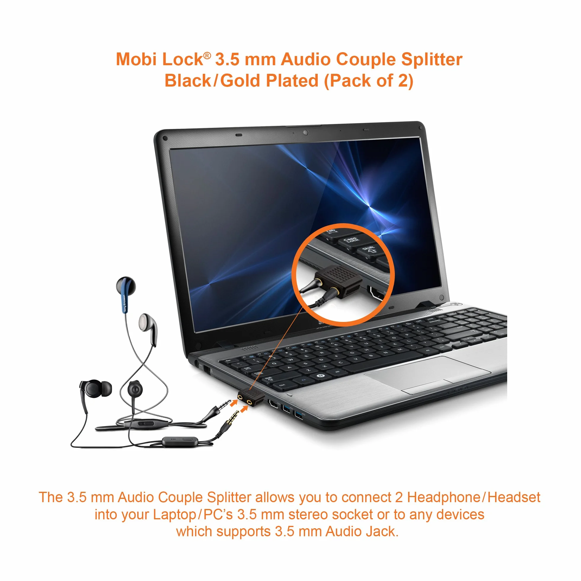 2 Sztuki Rozdzielaczy Audio w Kształcie Litery Y 3,5 mm - 1 Męski na 2 Żeńskie Gniazda Audio - Umożliwia Dwóm Osobom Słuchanie Jednego Źródła Dźwięku - od Mobi Lock