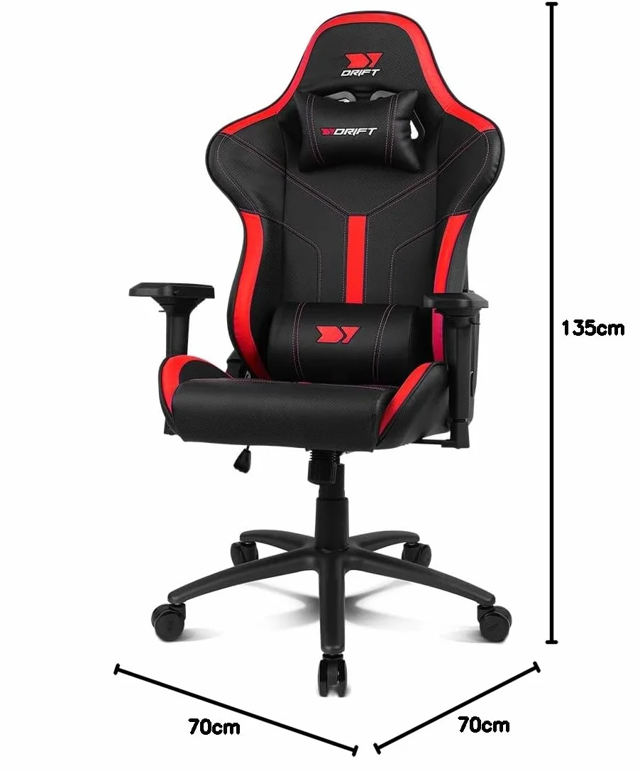 DRIFT Gaming Chair DR350 -DR350BR - Profesjonalny fotel do gier, imitacja skóry, podłokietniki 4D, ciche kółka, tłok klasy 4, pochylenie, poduszka lędźwiowa/szyjna, kolor czarny/czerwony