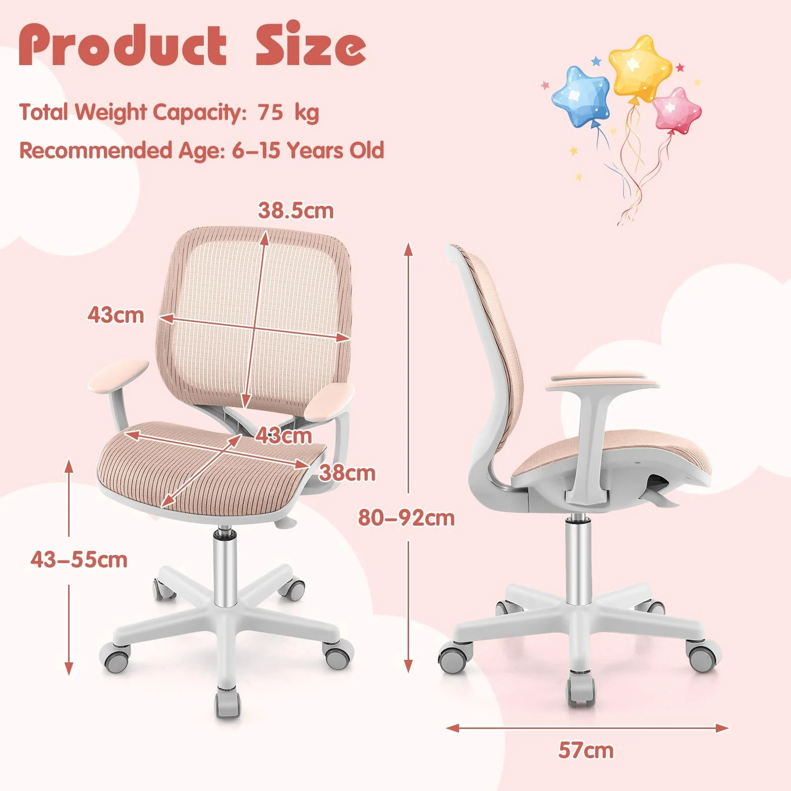 LIFEZEAL Wyściełane krzesło biurkowe dla dzieci, obrotowy fotel dla dzieci, krzesło do biurka z regulacją wysokości od 80 do 92 cm, ergonomiczne krzesło dla dzieci do nauki, maks. 75 kg (różowe)